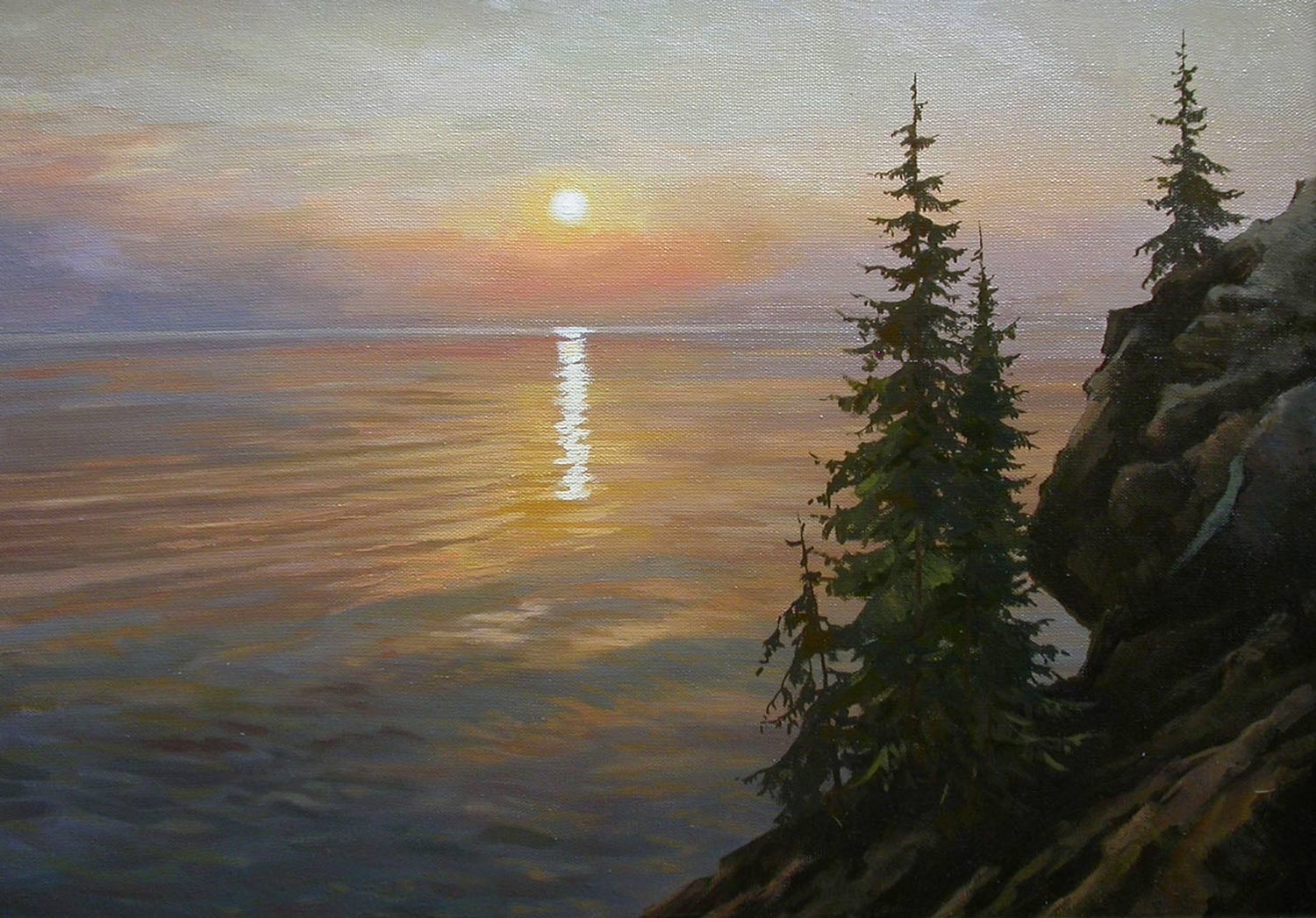 Sunset over the sea with rocky shore and pine trees HD Wallpaper