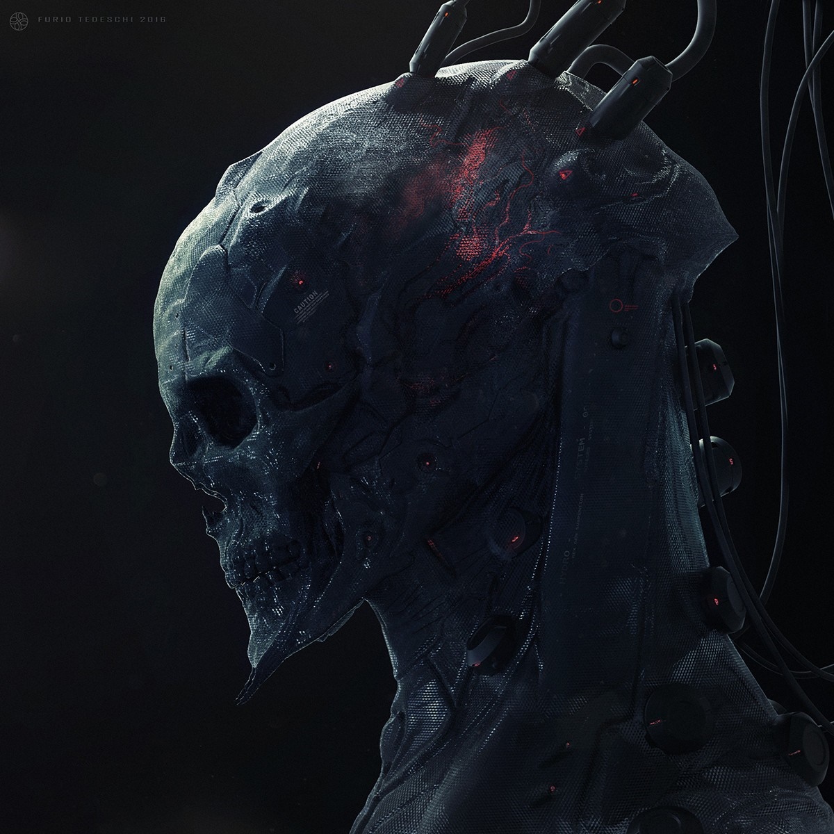 Cyborg skull with glowing red circuits and wires HD Wallpaper