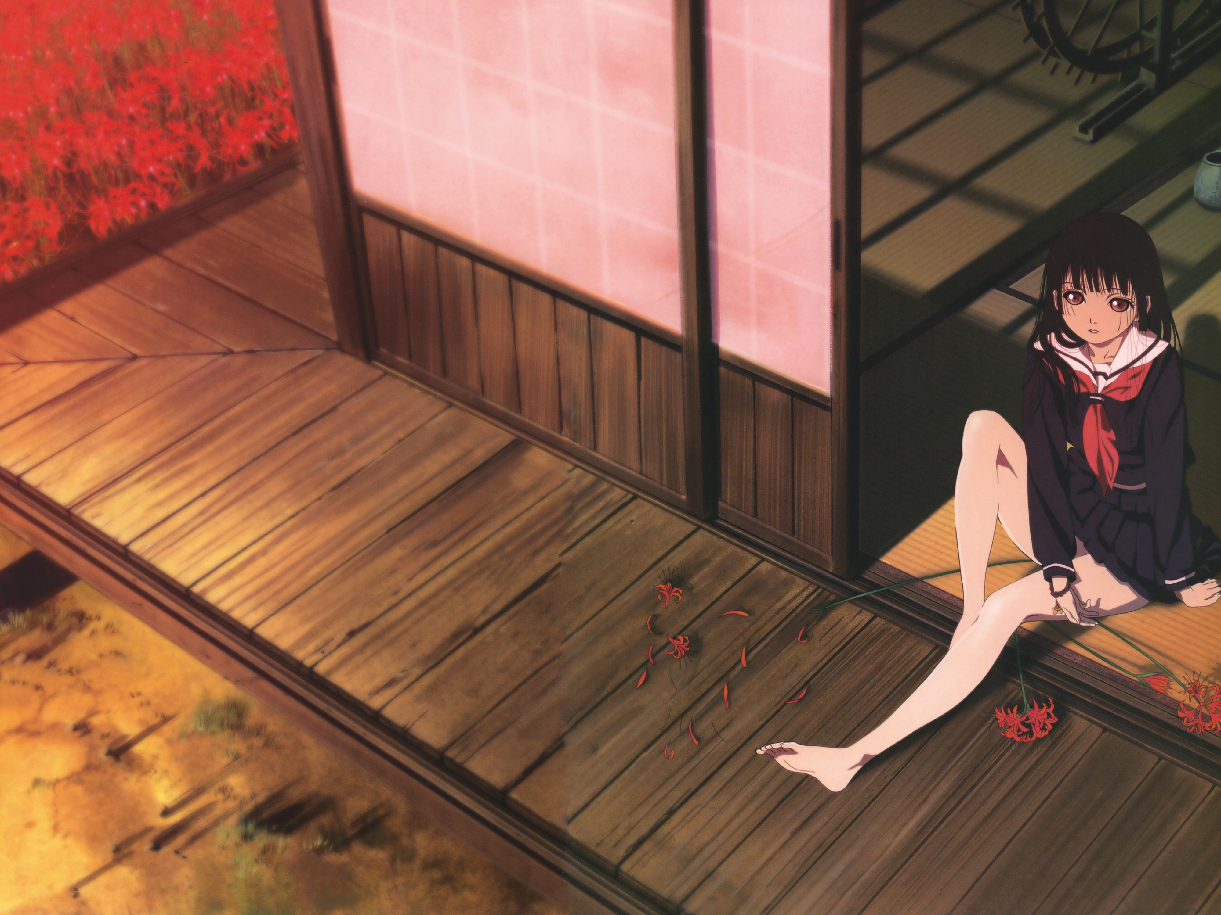 Enma Ai from Jigoku Shoujo sitting on a wooden porch HD Wallpaper