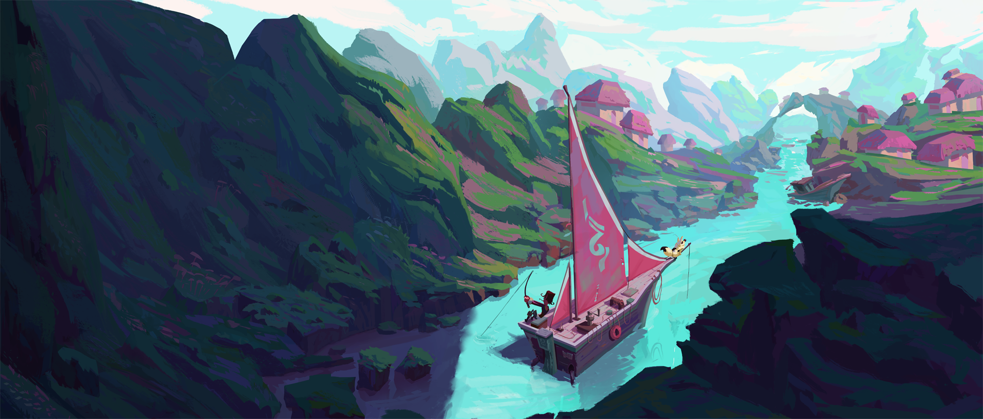 Fantasy river landscape with a sailboat and villages HD Wallpaper