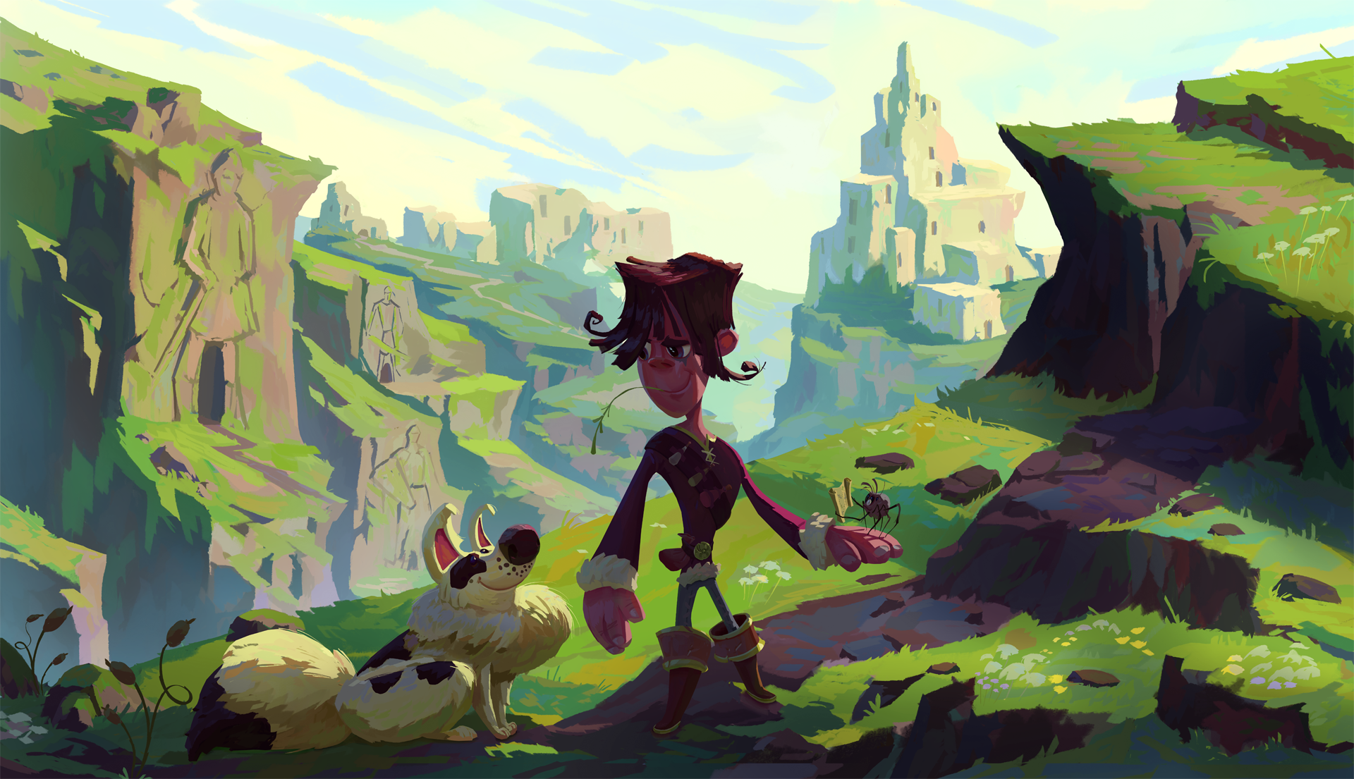 Fantasy landscape with a boy and his dog near ancient ruins HD Wallpaper
