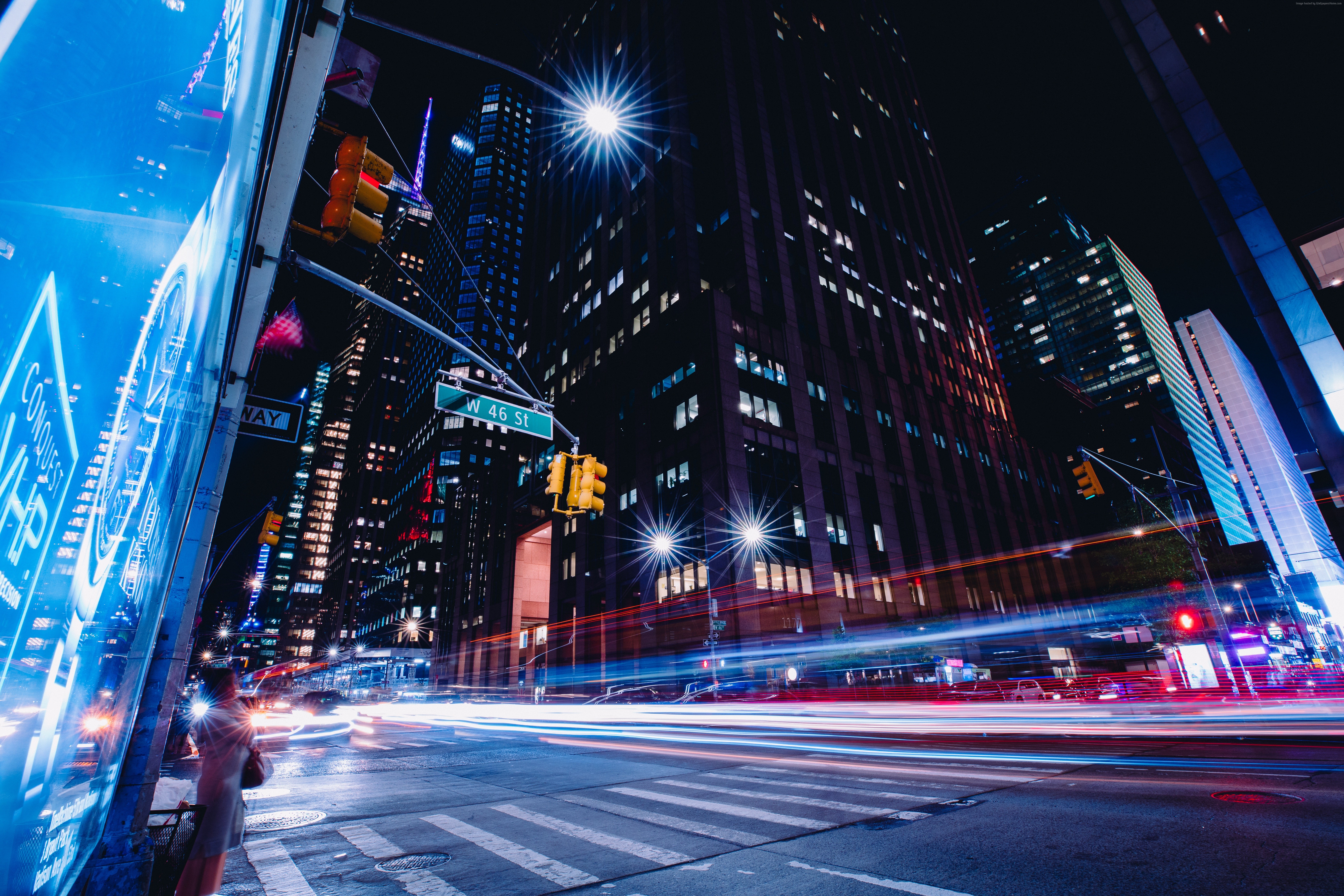 New York City Street at Night with Light Trails HD Wallpaper