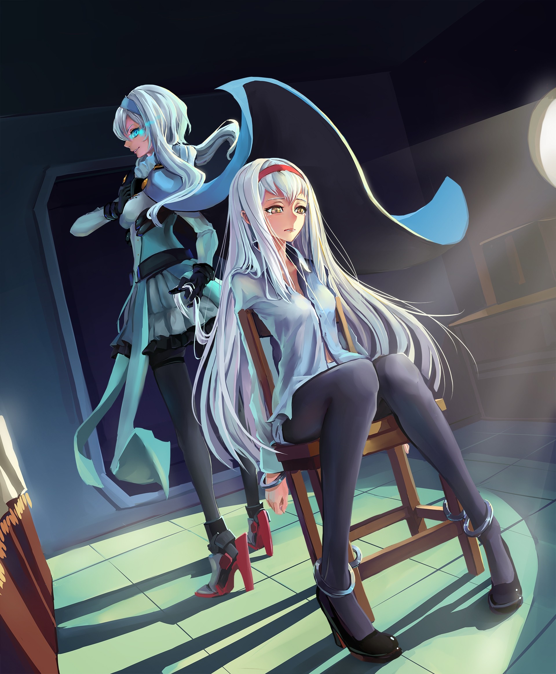 Two anime girls with white hair in a dimly lit room HD Wallpaper