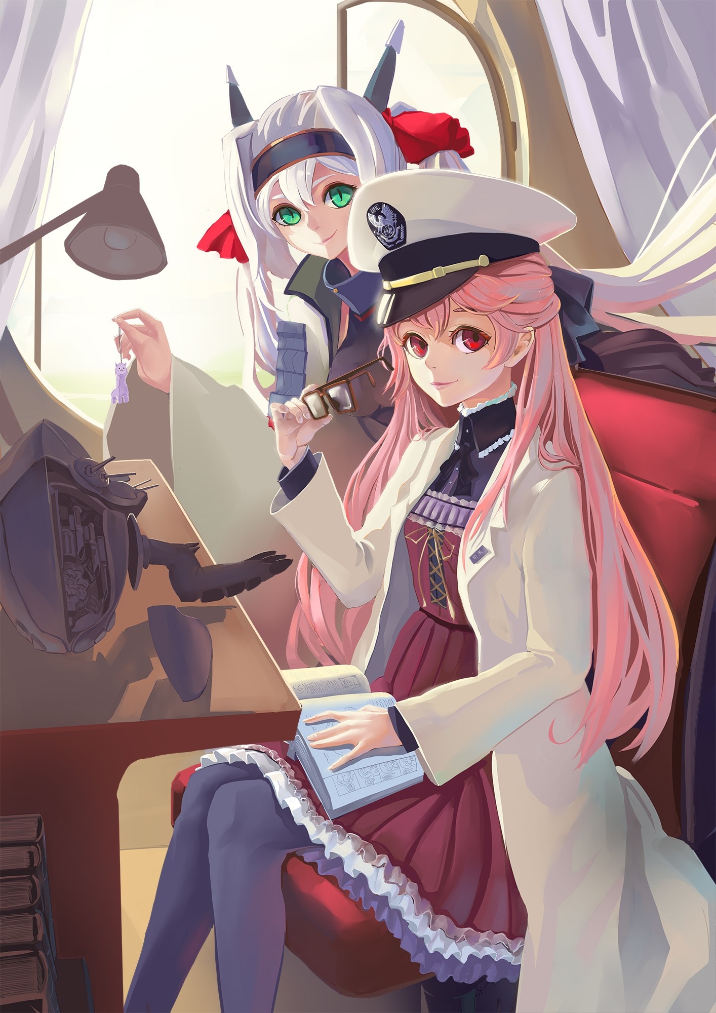 Two anime girls with different hair colors in a room HD Wallpaper