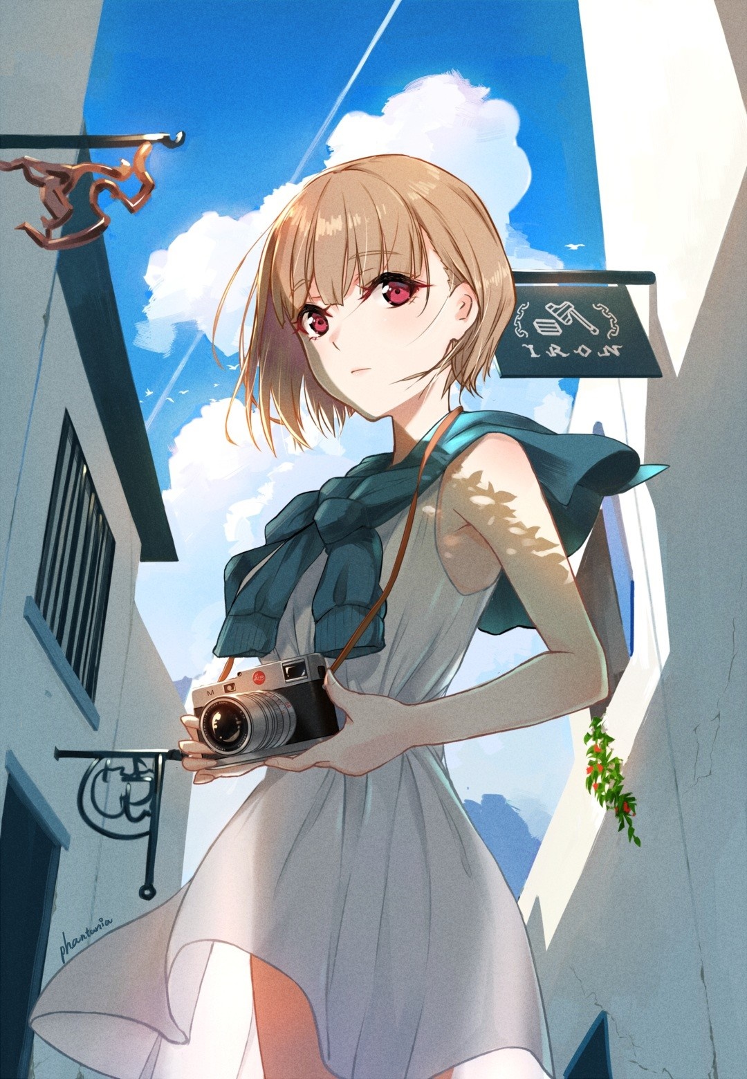 Anime girl with short hair holding a camera HD Wallpaper