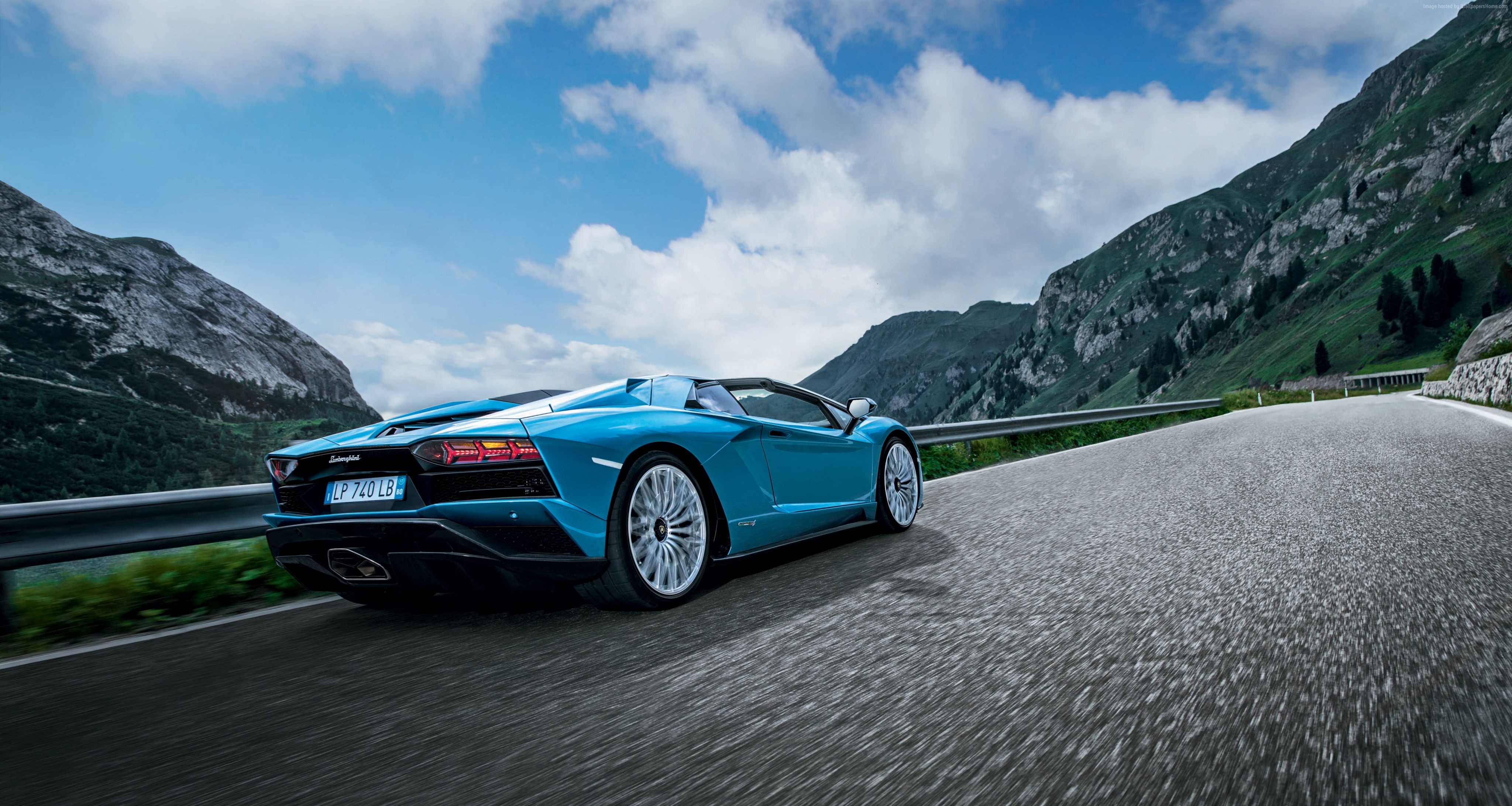 Blue Lamborghini Aventador S Roadster on Mountain Road HD Wallpaper