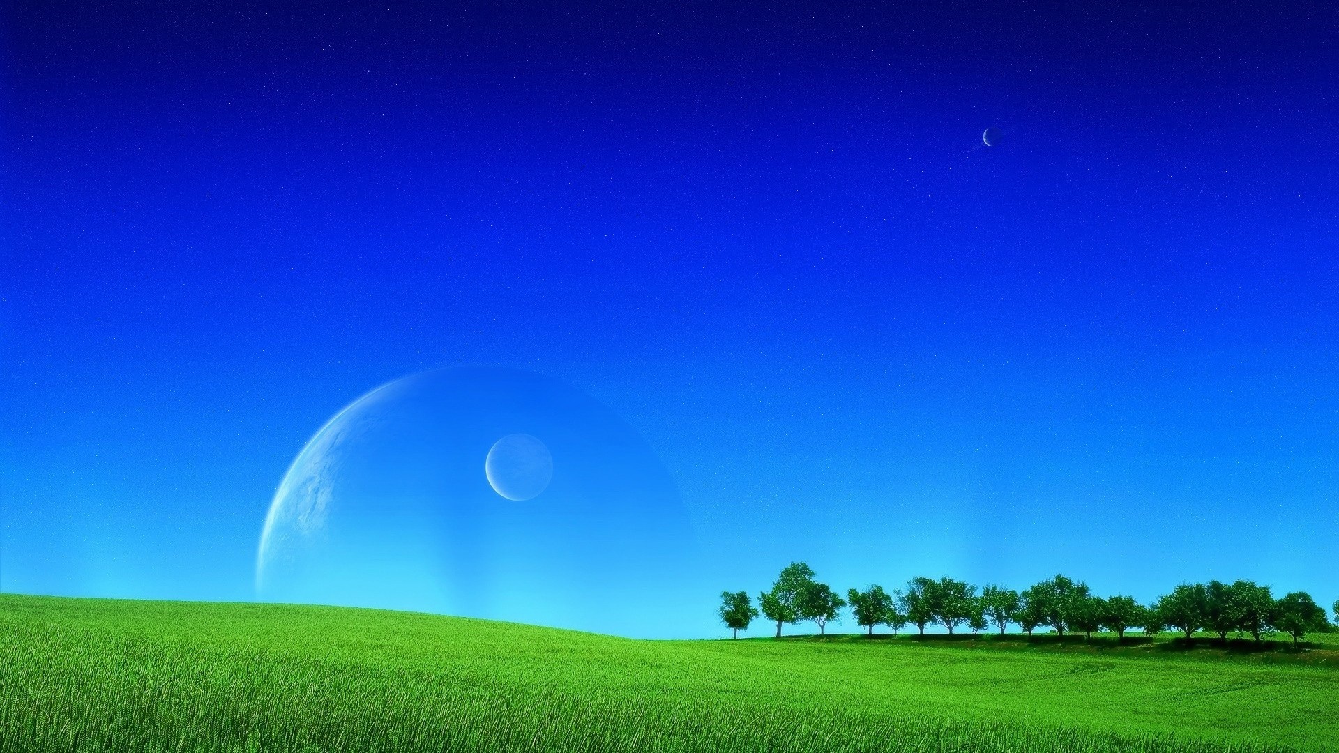 Alien planet with large moon and trees HD Wallpaper