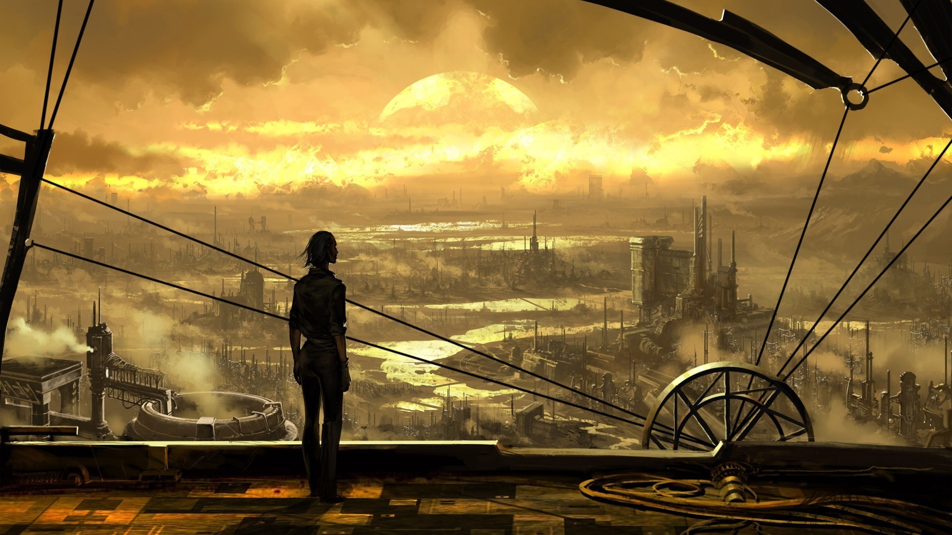 Steampunk cityscape at sunset with a lone figure HD Wallpaper