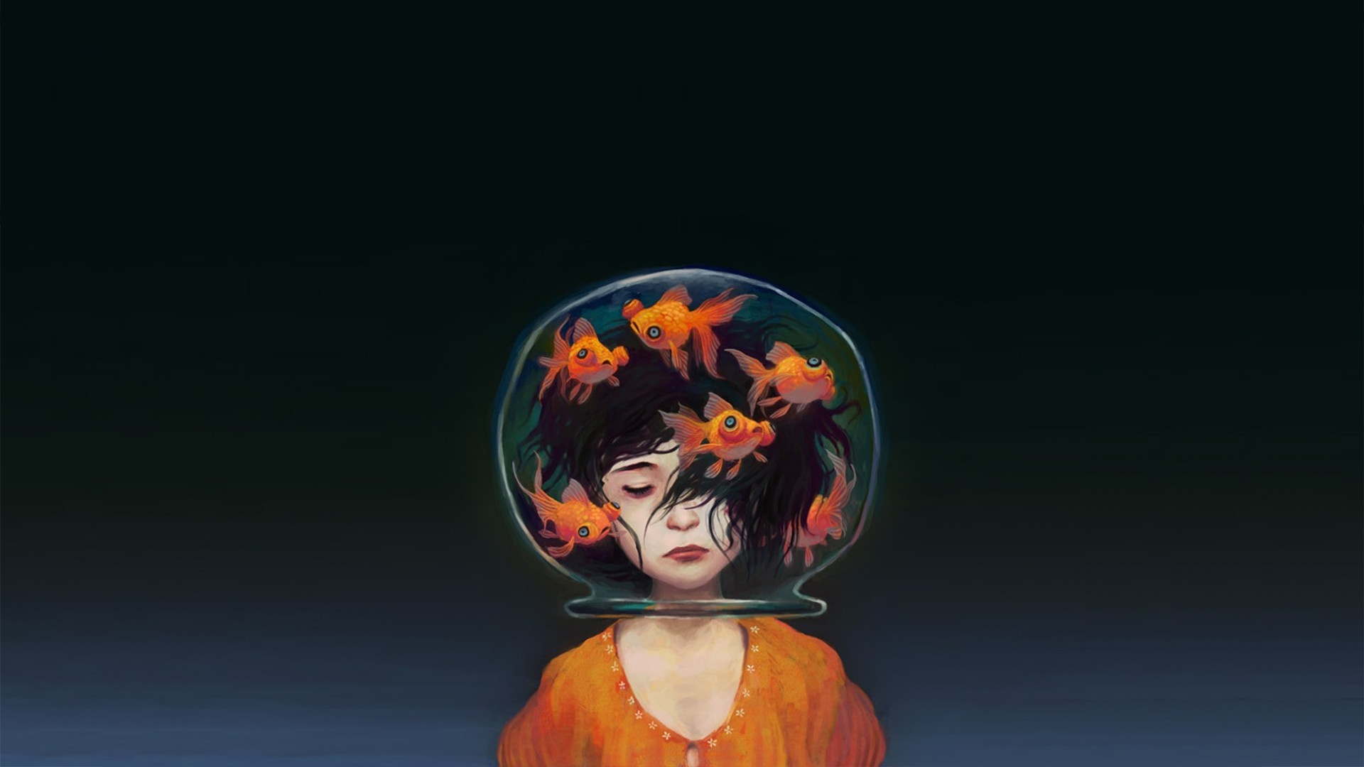 Girl with goldfish in a fishbowl on her head HD Wallpaper