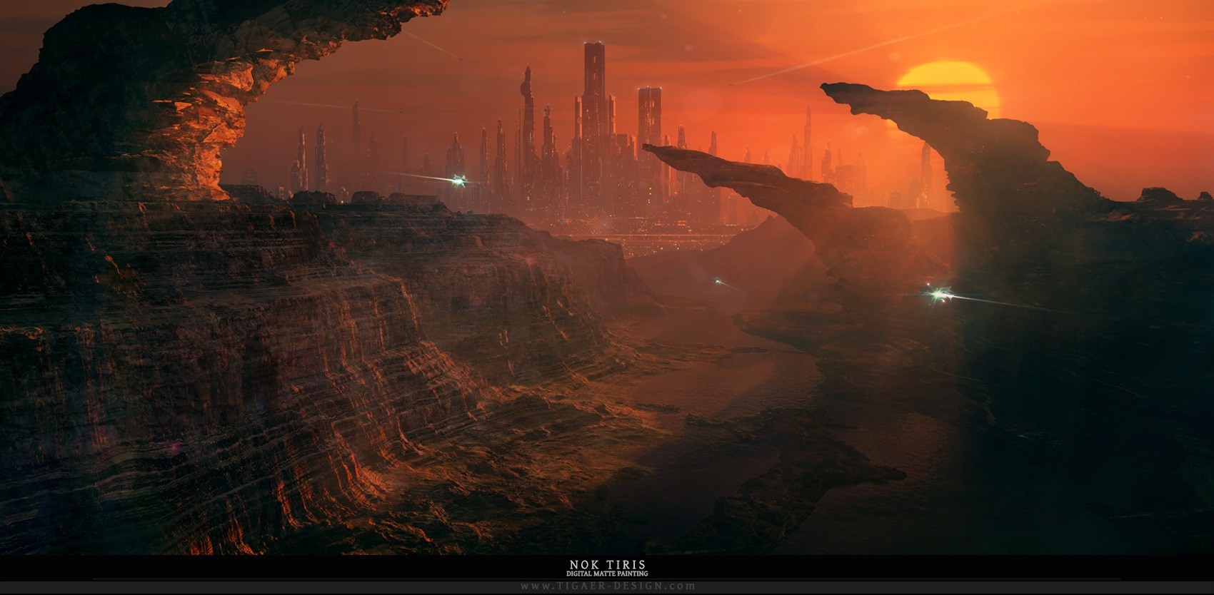 Sci-fi cityscape at sunset with rocky terrain HD Wallpaper