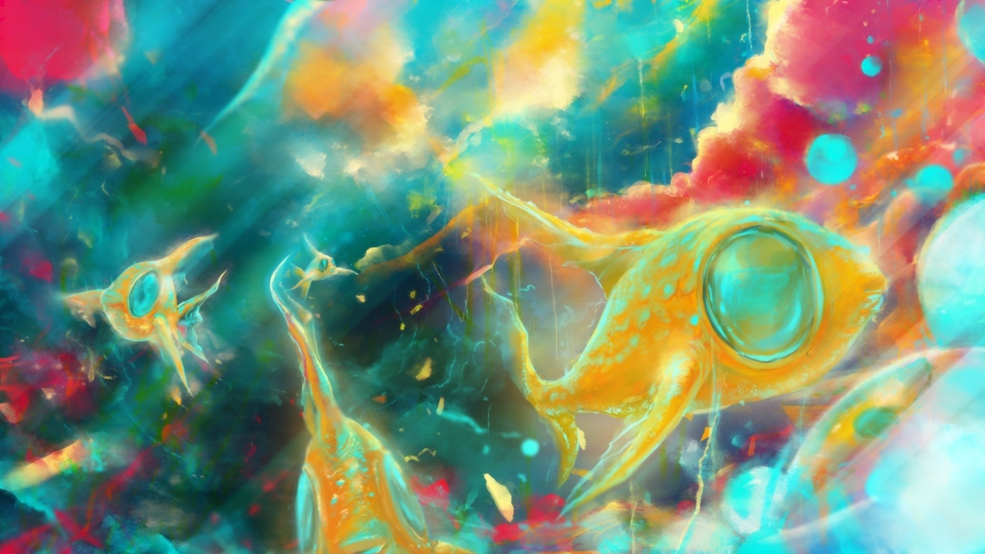 Abstract psychedelic art of glowing fish in colorful nebula HD Wallpaper