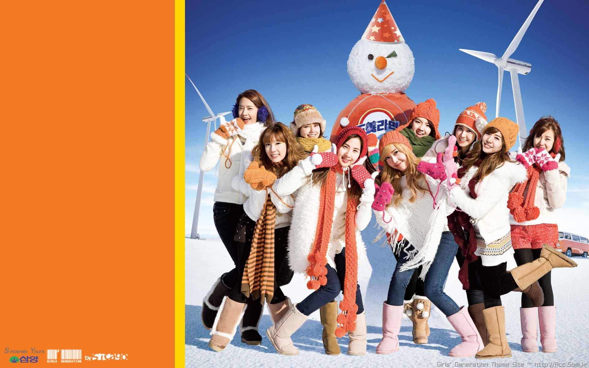 Girls' Generation Winter Fun with Snowman and Wind Turbines HD Wallpaper