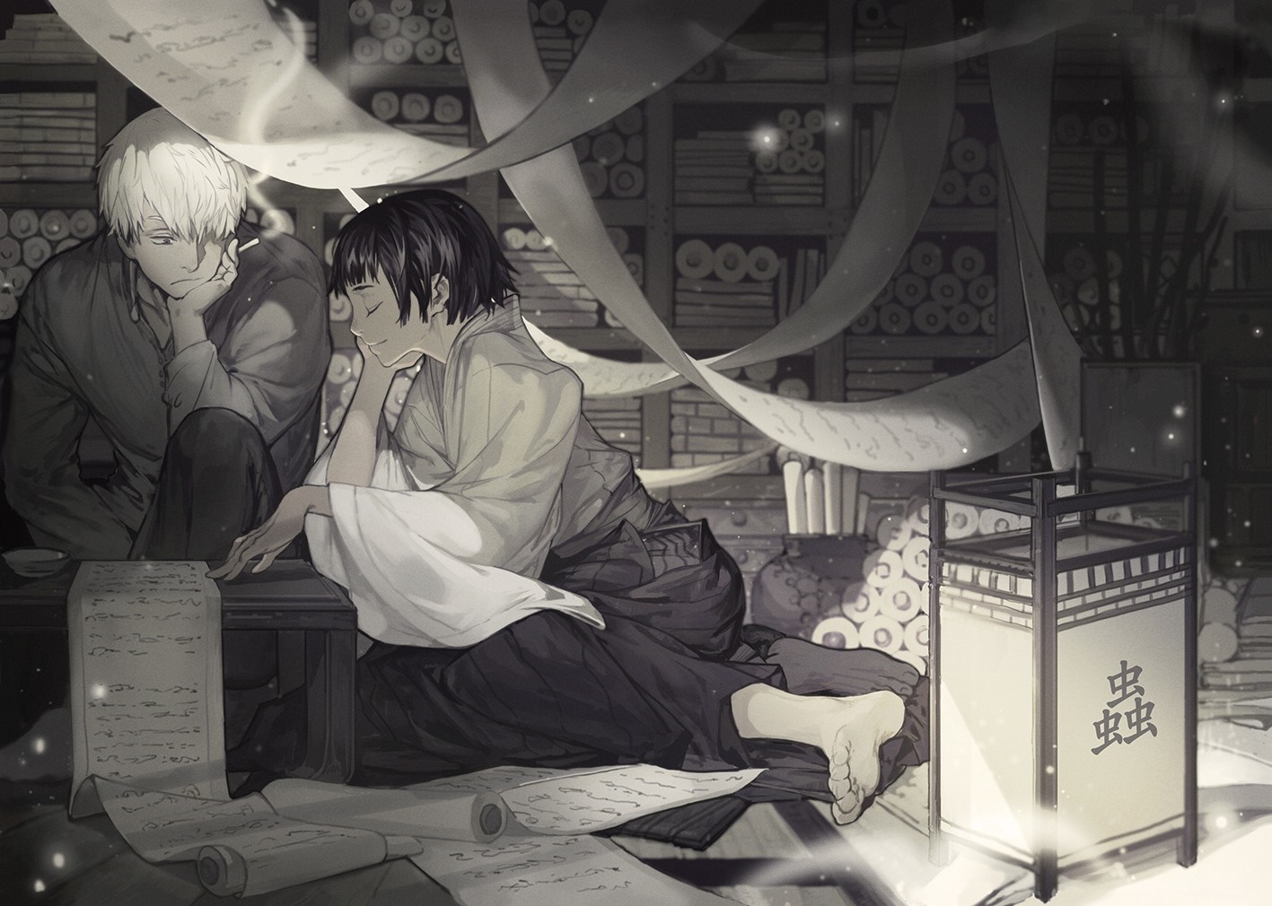 Ginko and Tanyu from Mushishi in a library HD Wallpaper