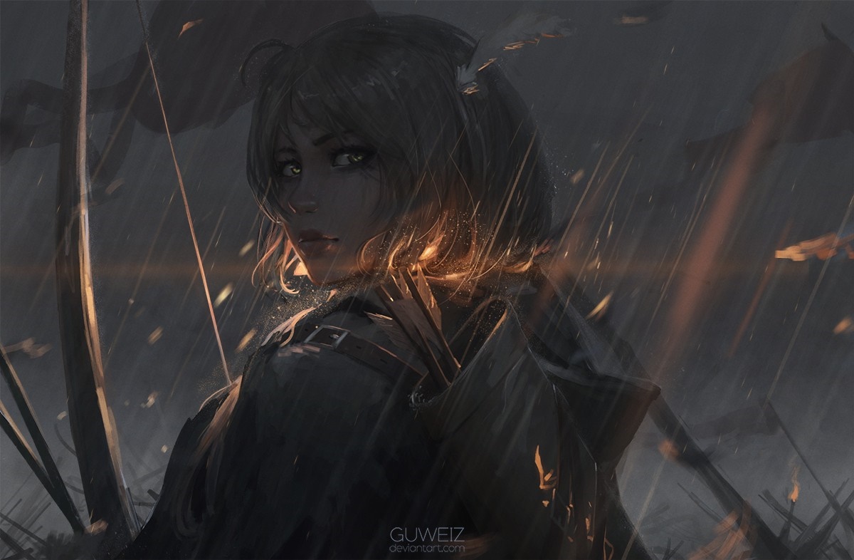 Female soldier in dark, rainy environment HD Wallpaper