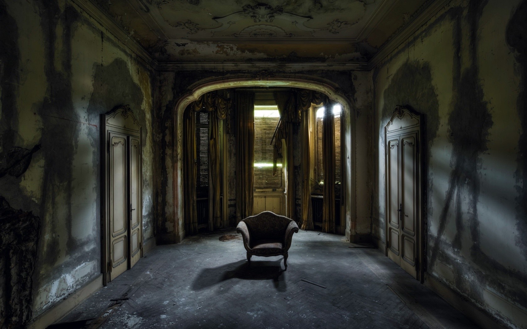 Abandoned mansion room with single chair HD Wallpaper