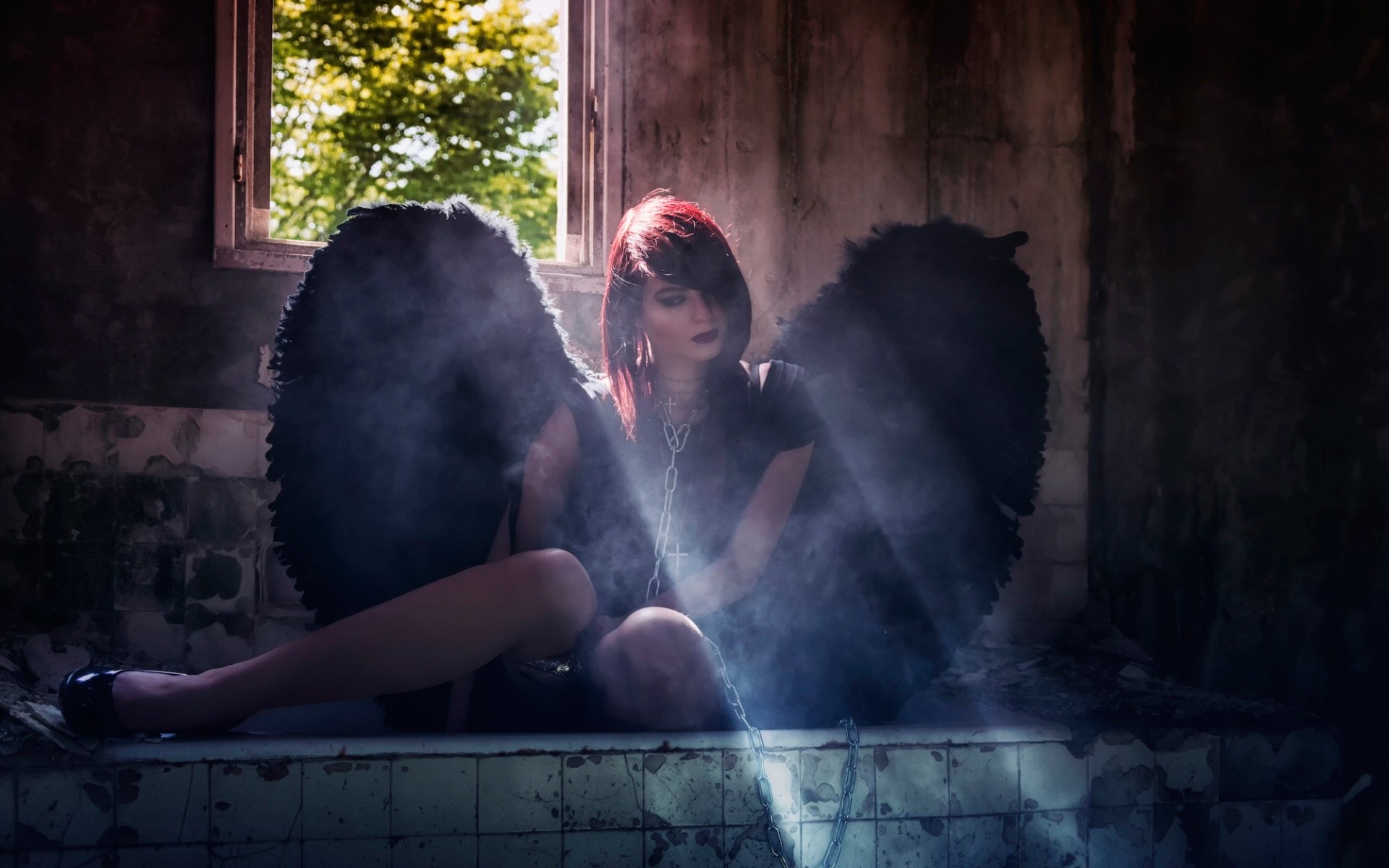 Woman with black wings and chains in abandoned room HD Wallpaper