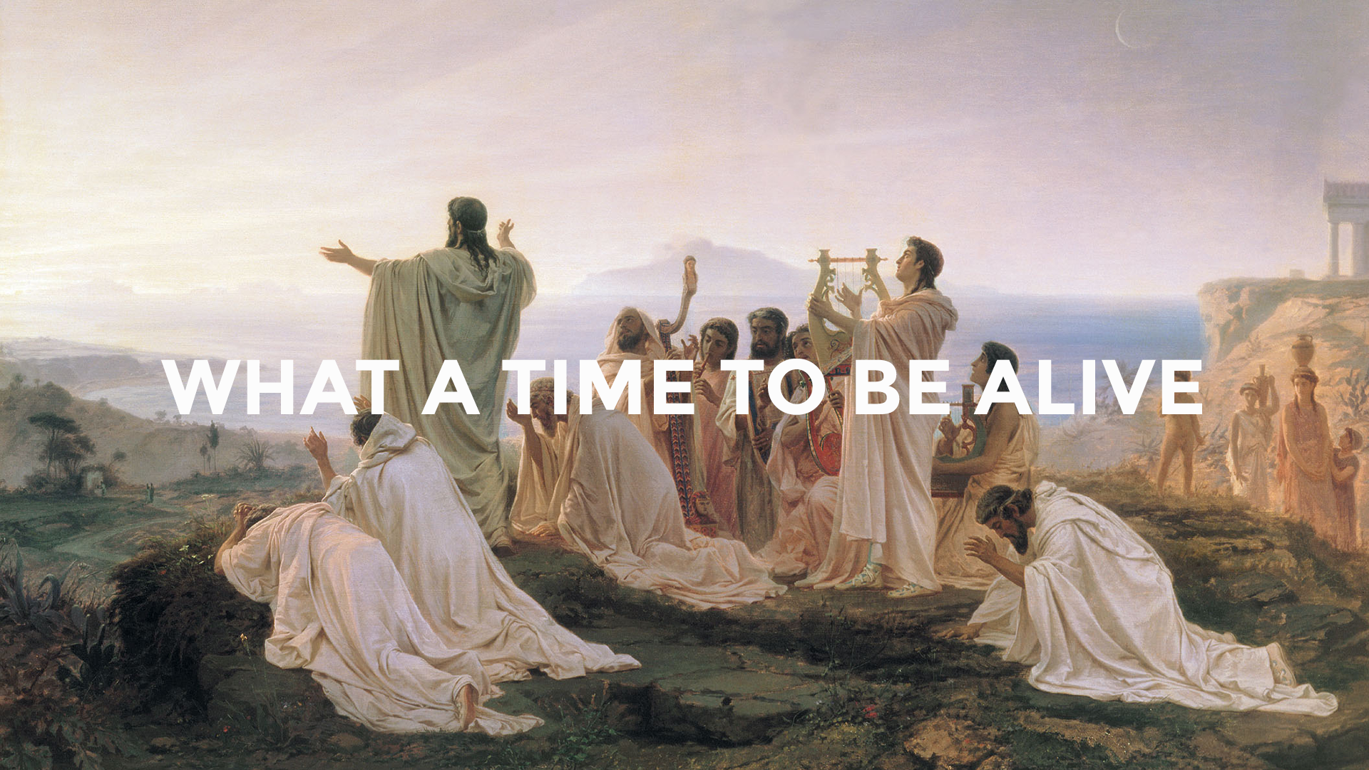 Painting of people in ancient robes with text overlay HD Wallpaper