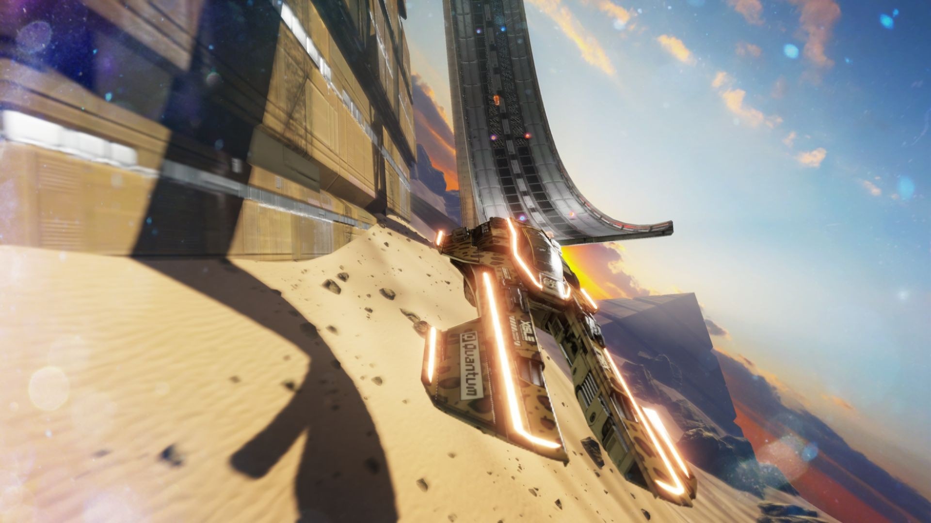 Futuristic vehicle on a desert planet with a large structure HD Wallpaper