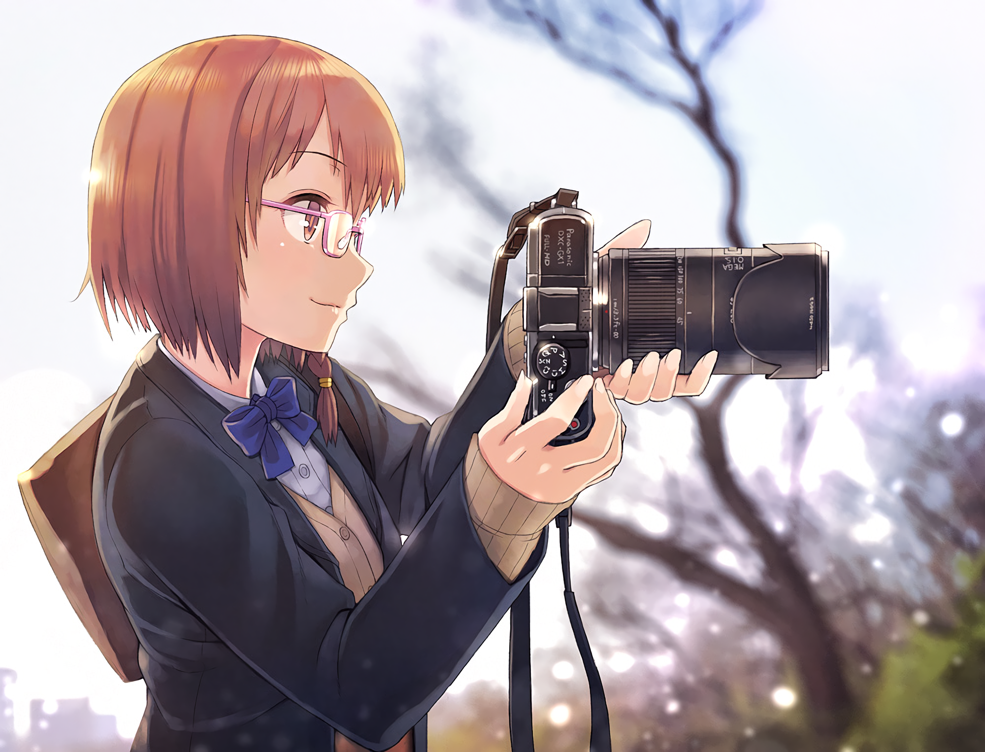 Anime girl with glasses taking a photo with a camera HD Wallpaper