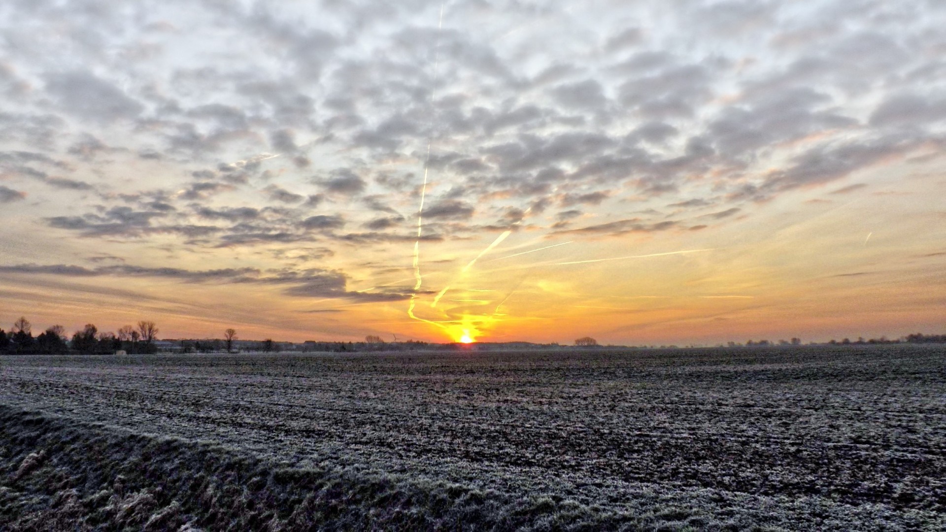 Sunrise over a frosty agricultural field with contrails HD Wallpaper