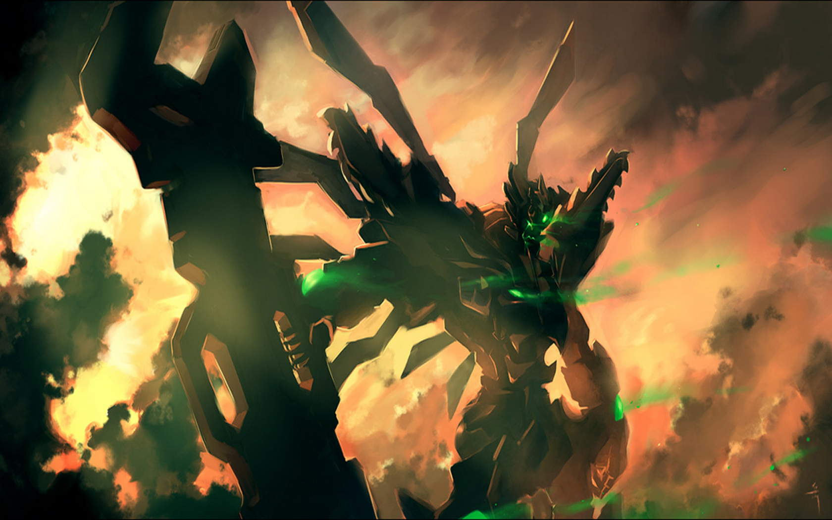 Anime mech with green glowing eyes in fiery sky HD Wallpaper
