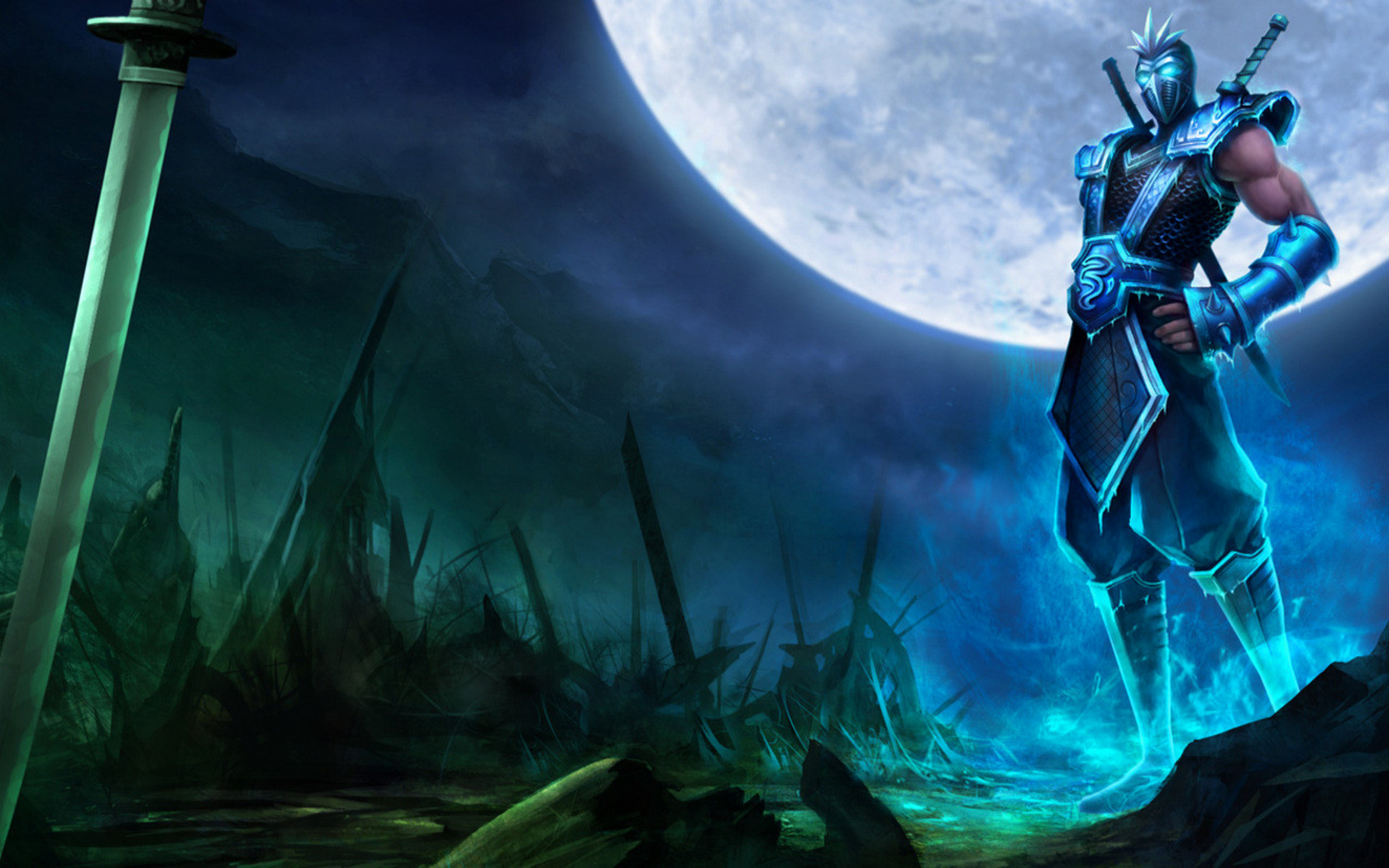 Shen from League of Legends in a dark landscape HD Wallpaper