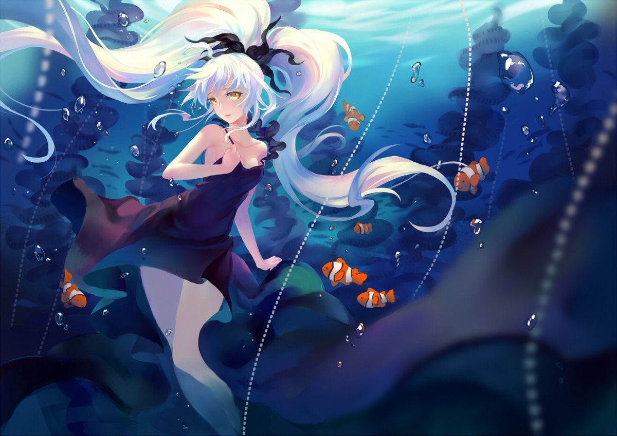 Anime girl with white hair underwater with clownfish HD Wallpaper