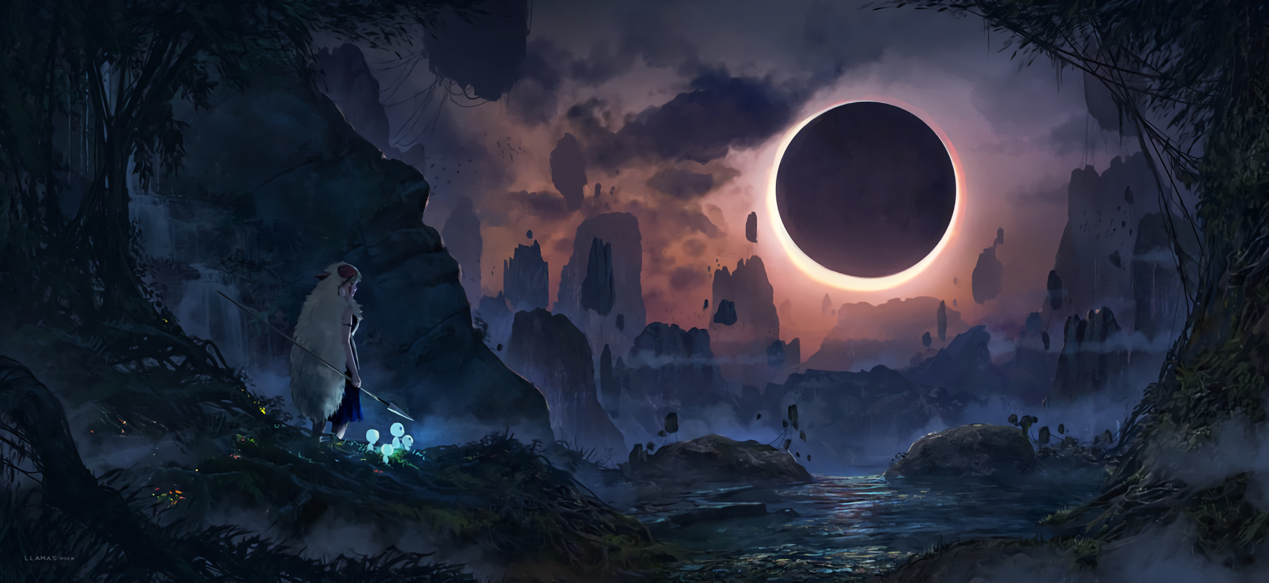 Princess Mononoke during a lunar eclipse HD Wallpaper