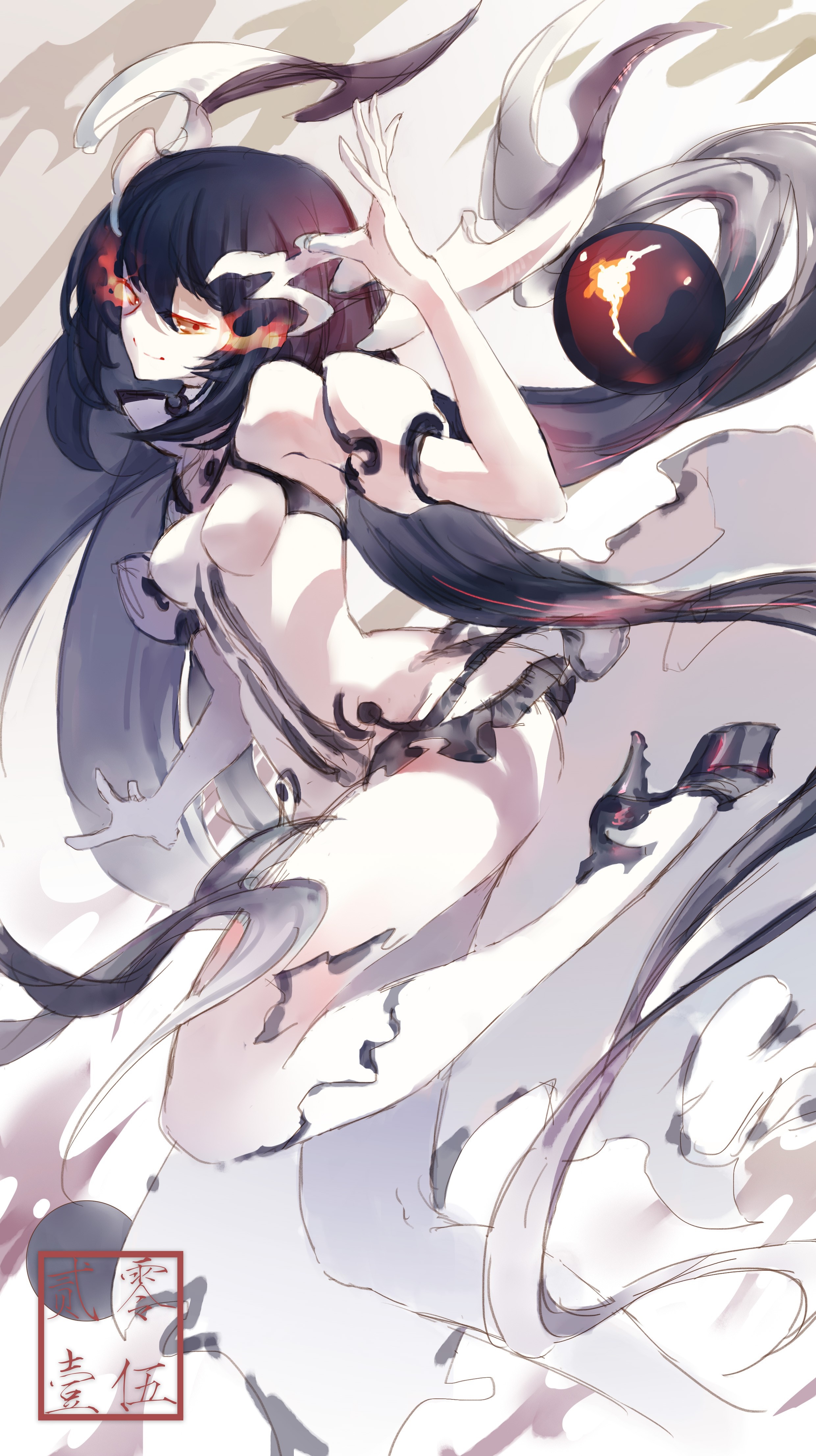 Anime girl with horns and fiery eyes holding a dark orb HD Wallpaper