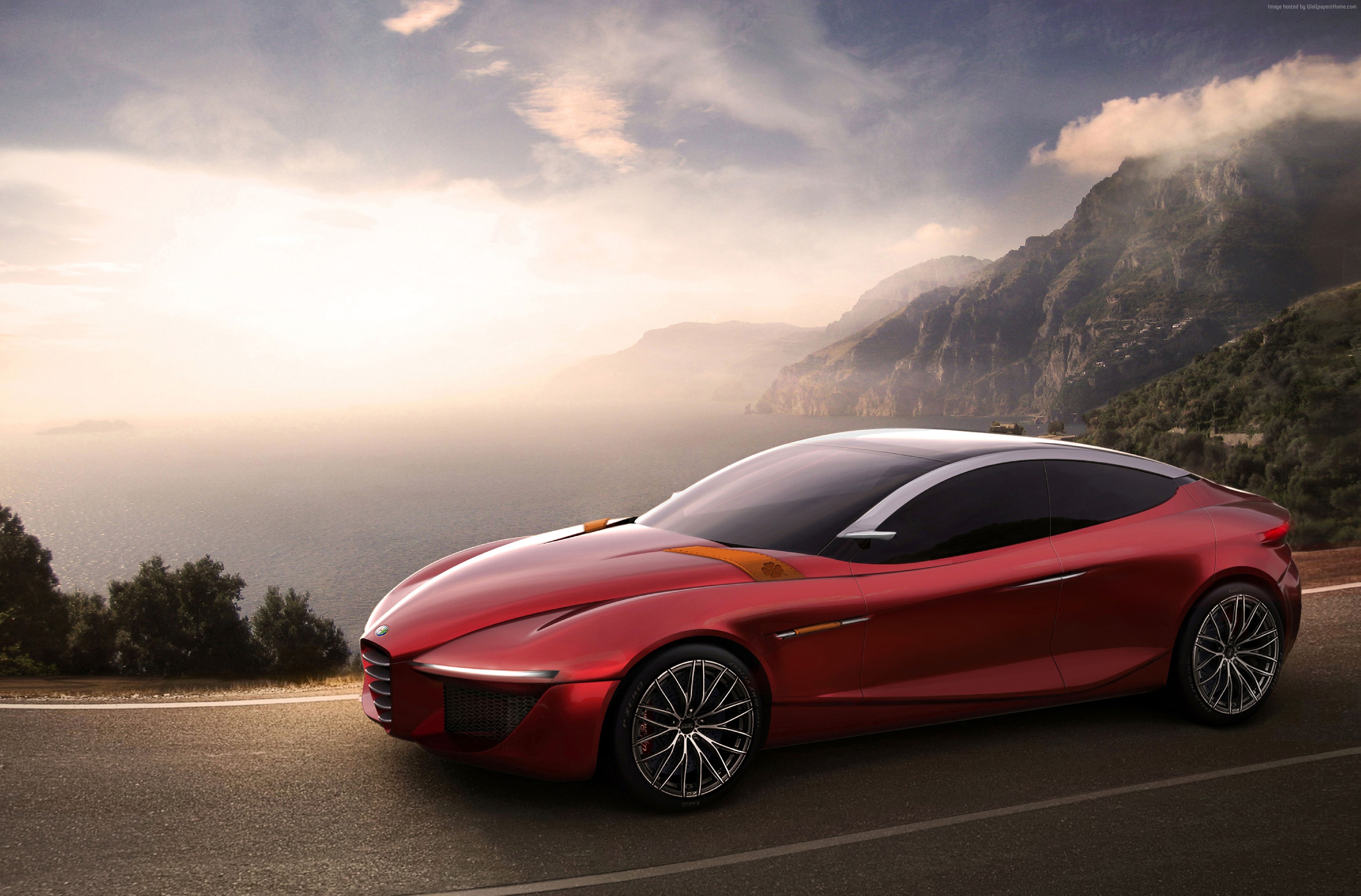 Red Alfa Romeo 6C concept car on a coastal road, 4K HD Wallpaper
