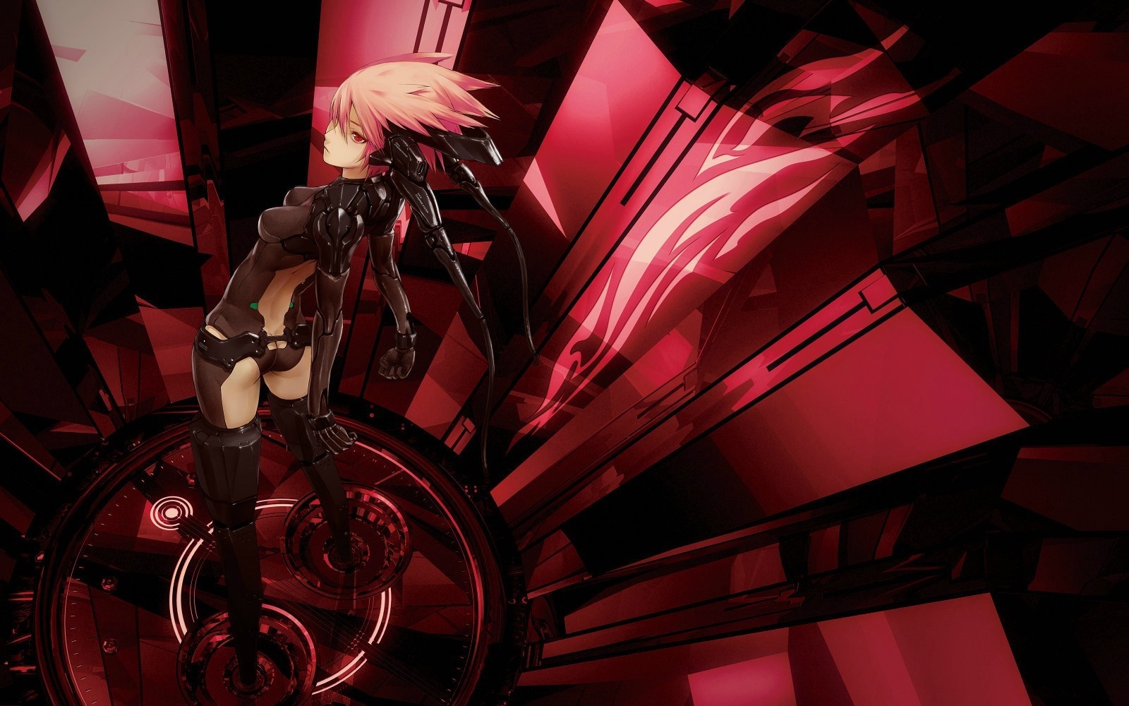 Anime girl with pink hair and red eyes in futuristic suit HD Wallpaper