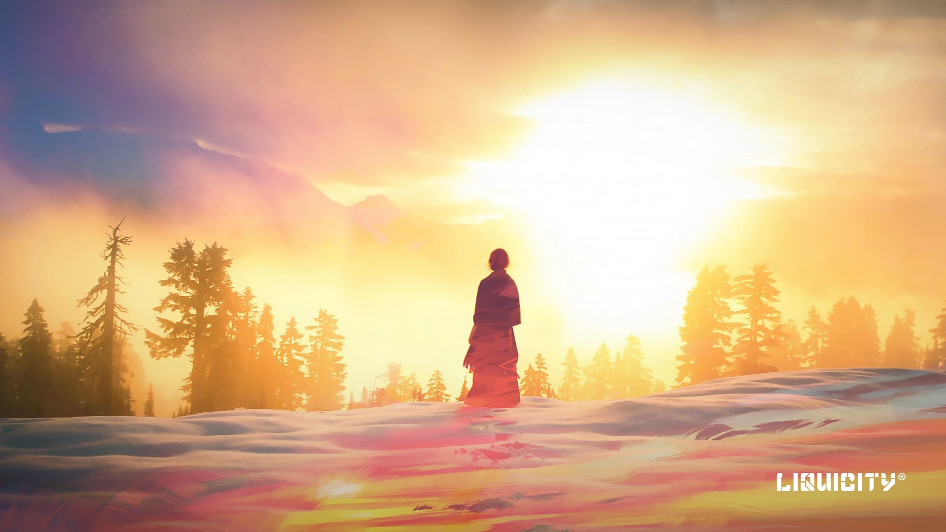 Person in a snowy landscape with mountains and trees at sunset HD Wallpaper