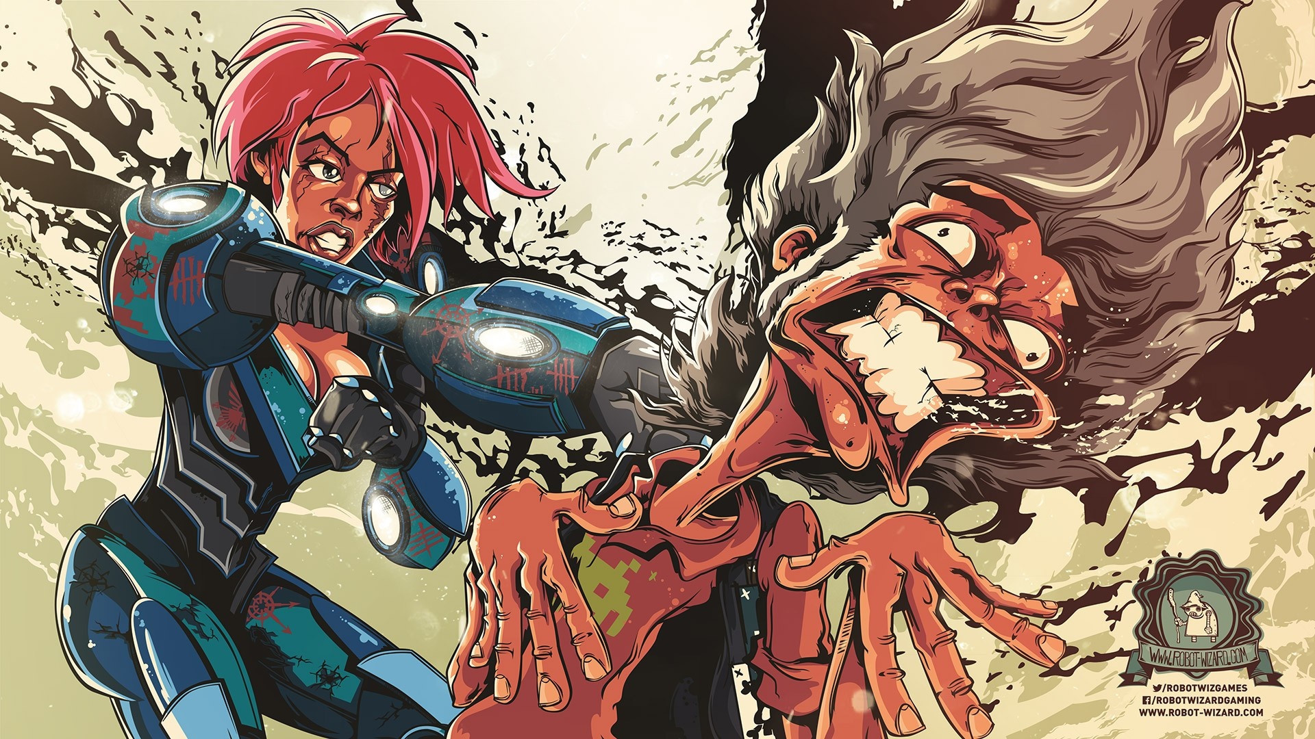 Woman in futuristic armor punching a man with wild hair HD Wallpaper