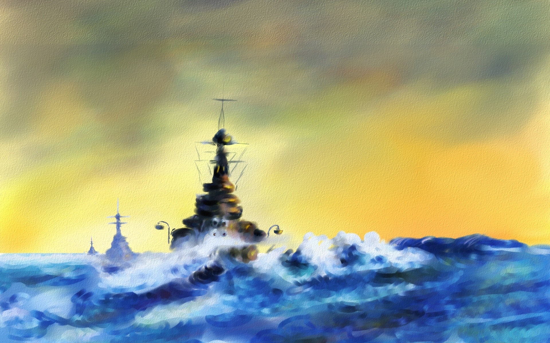 Battleships sailing through rough seas under a dramatic sky HD Wallpaper