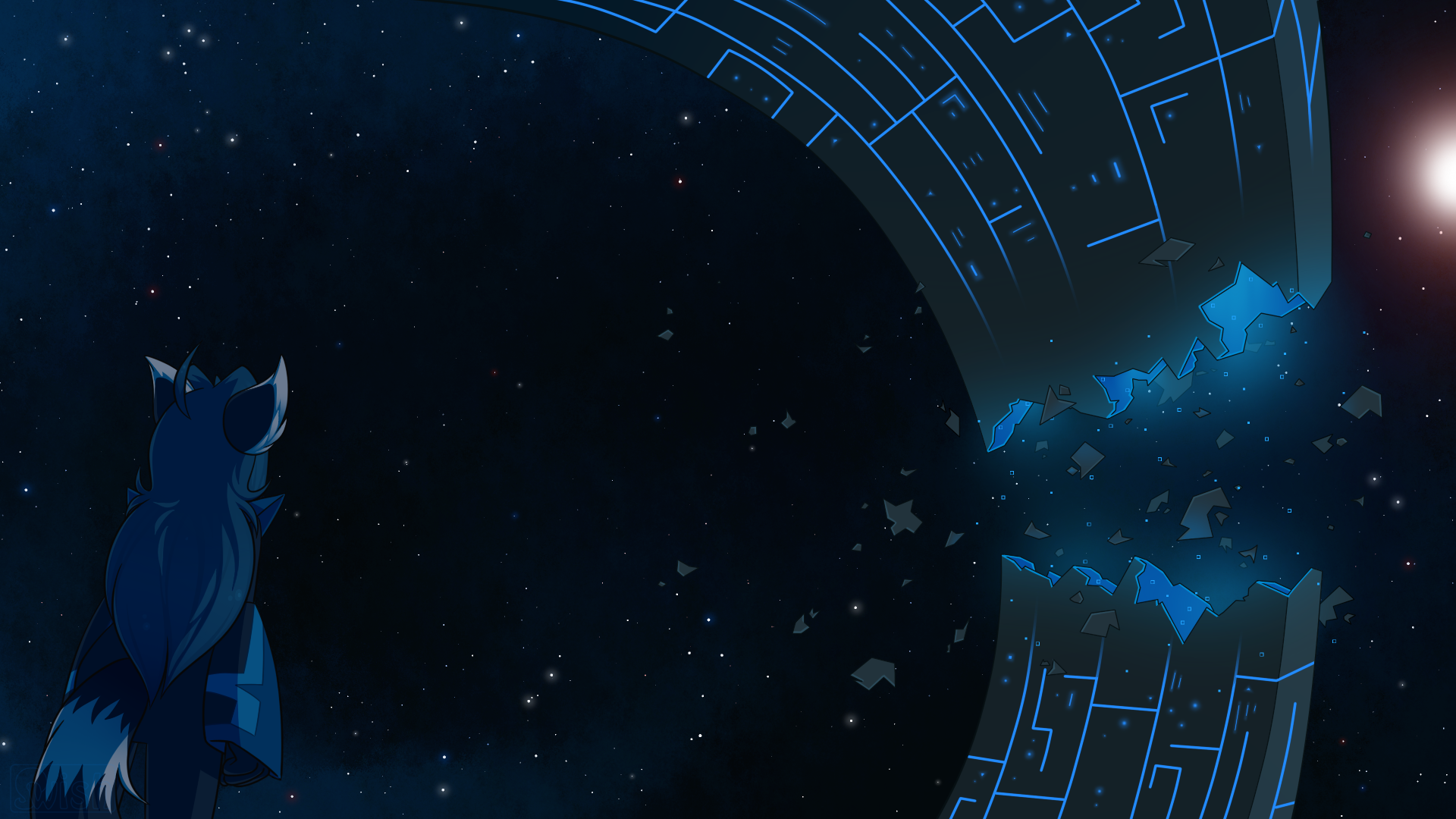Anthro wolf looking at a broken space ring HD Wallpaper