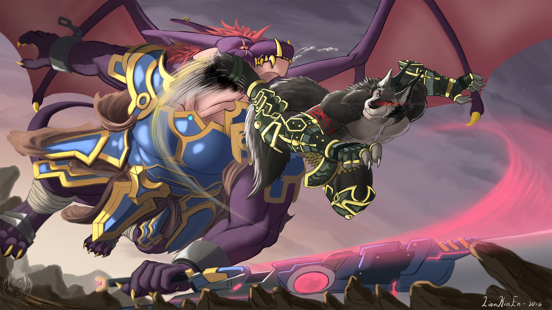 Furry characters in armor fighting with a mecha sword HD Wallpaper