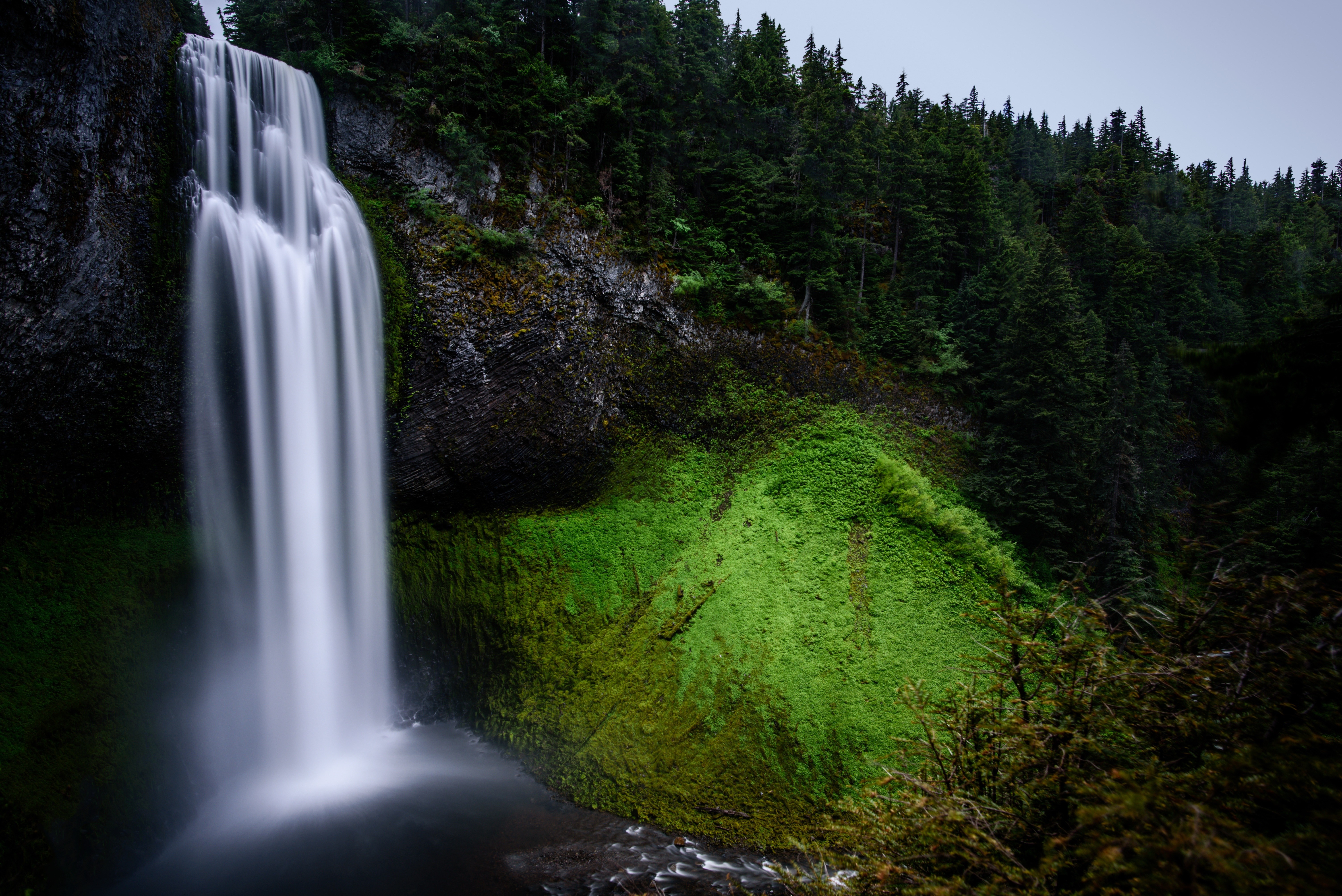 Waterfall cascading down a mossy cliff face in a forest HD Wallpaper