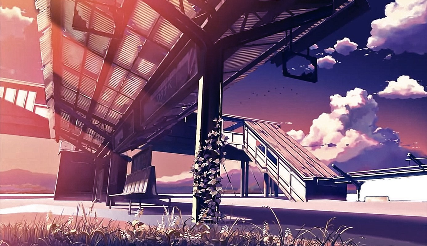 Anime train station platform at sunset HD Wallpaper