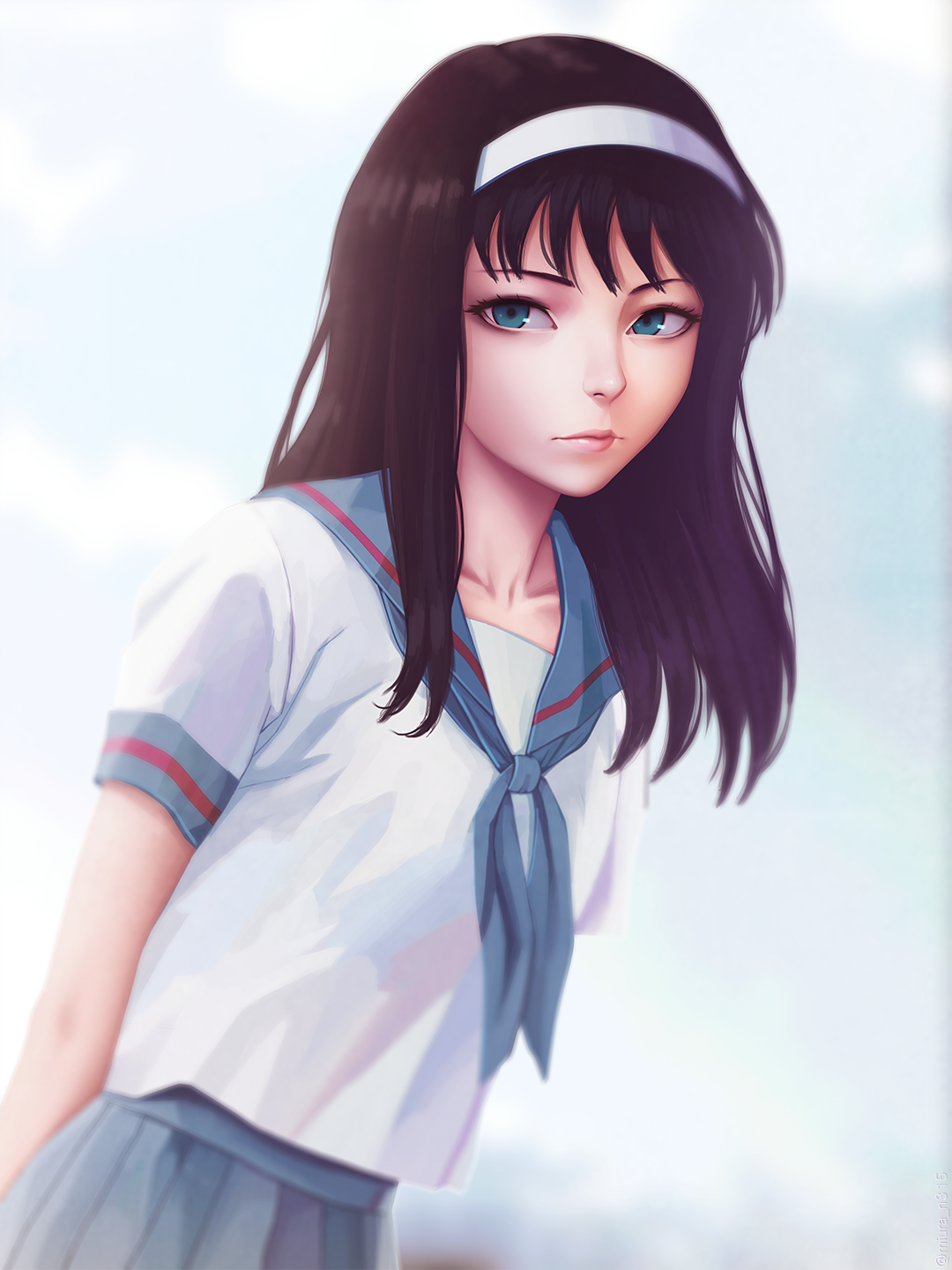 Anime girl with long black hair and blue eyes HD Wallpaper