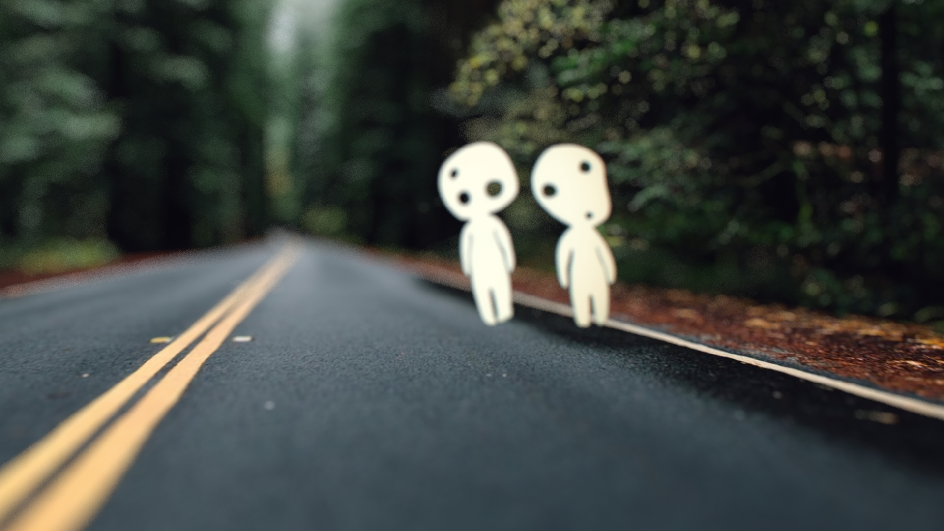 Two Kodama from Princess Mononoke on a forest road HD Wallpaper
