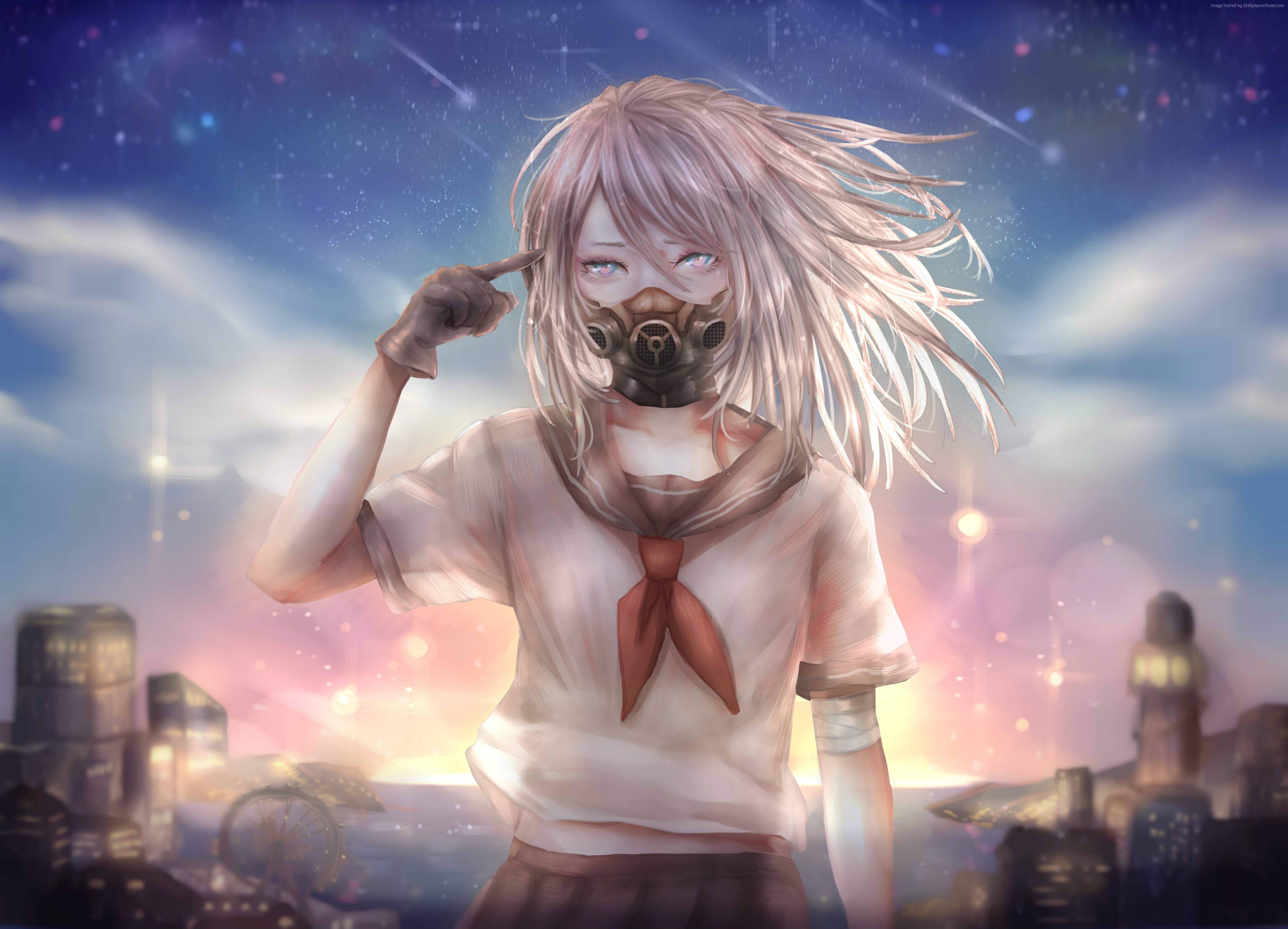 Girl in gas mask in urban setting at sunset HD Wallpaper