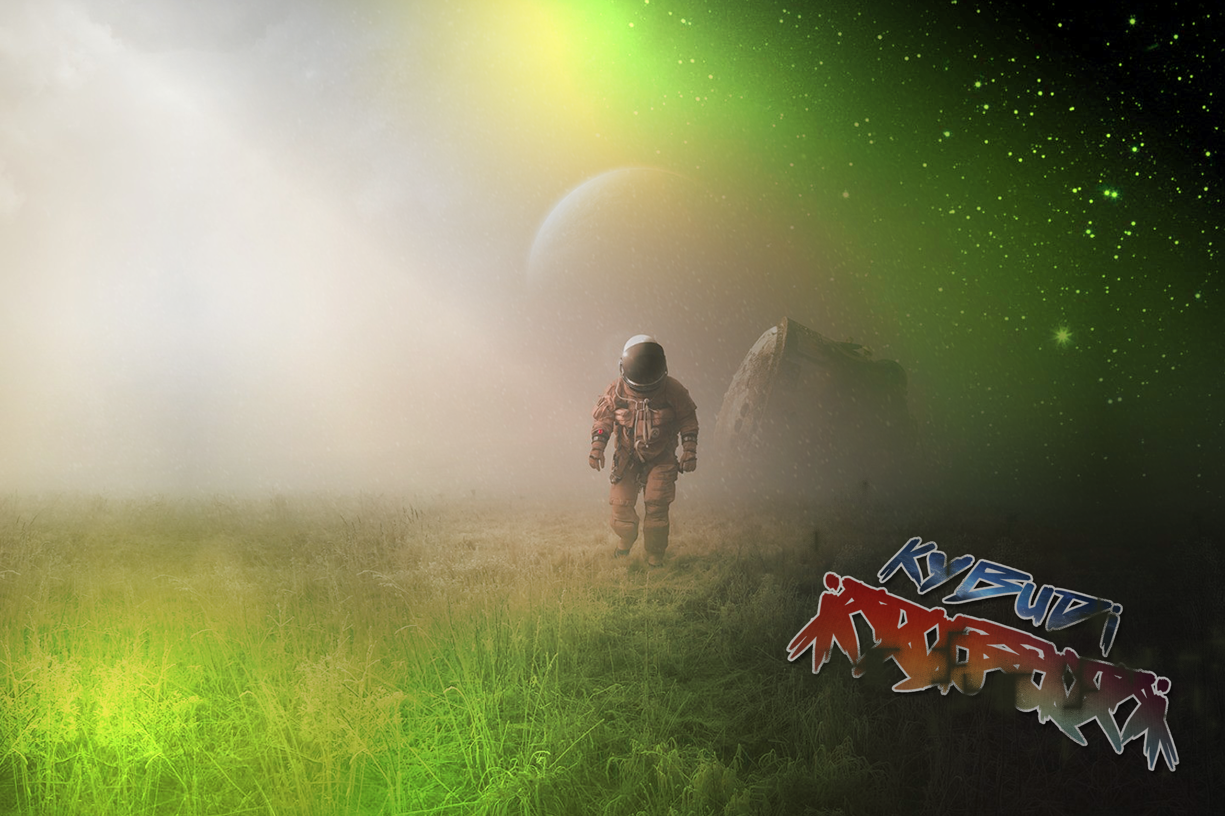 Astronaut walking in a foggy alien landscape with a planet and wreckage HD Wallpaper