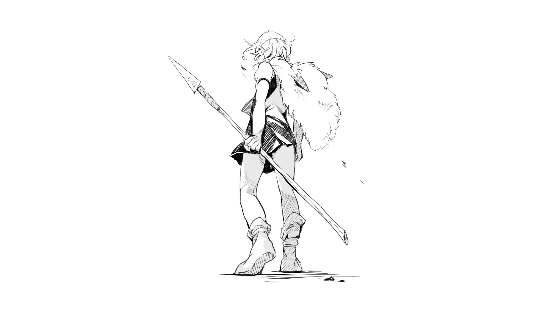 Girl with spear and fur backpack HD Wallpaper