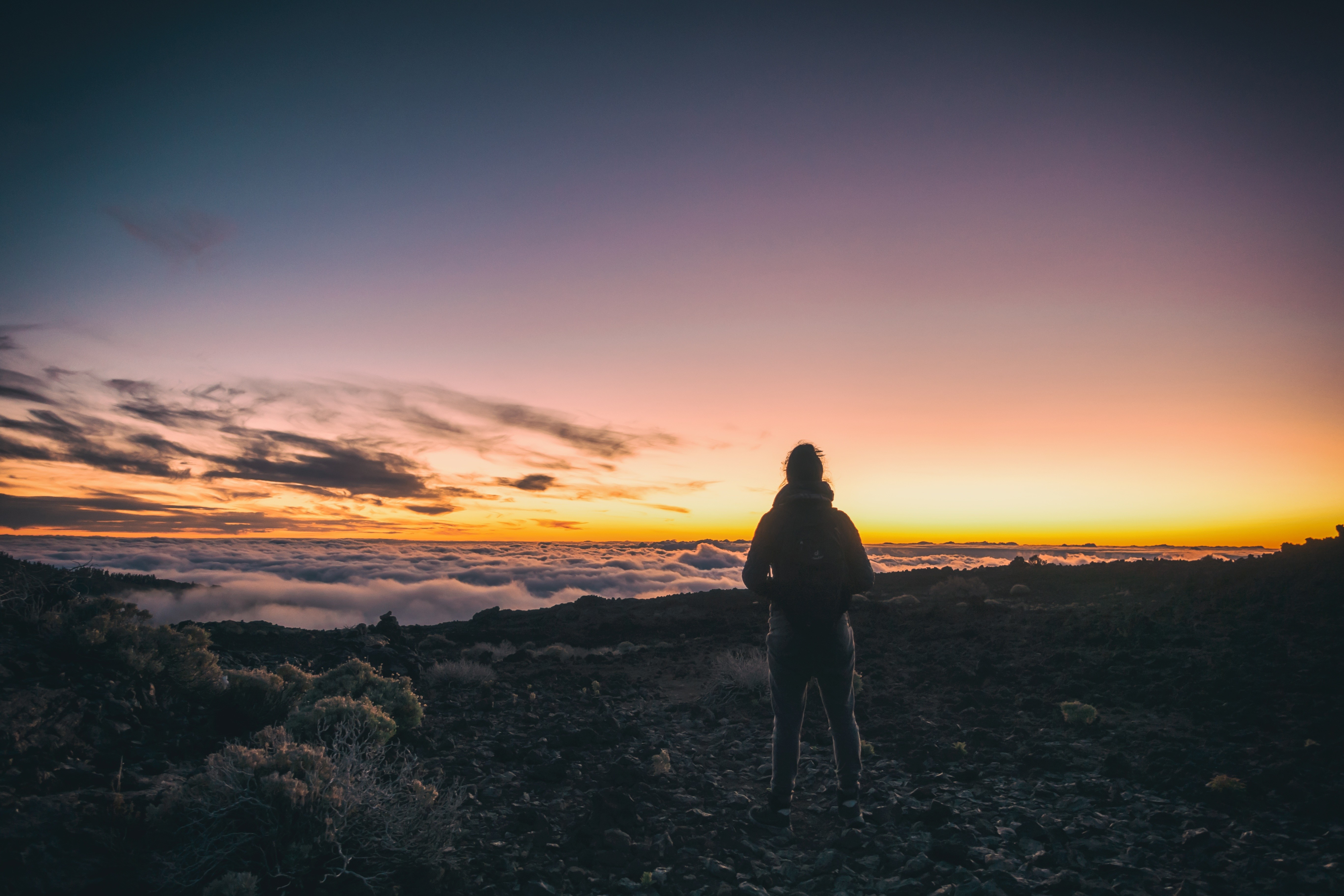 Person watching sunset over clouds from mountain HD Wallpaper