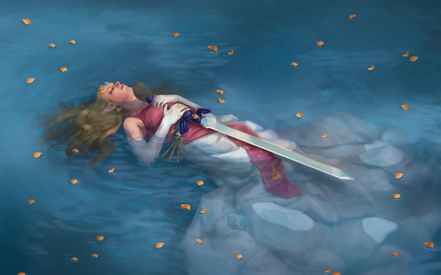Zelda from The Legend of Zelda floating in water with Master Sword HD Wallpaper