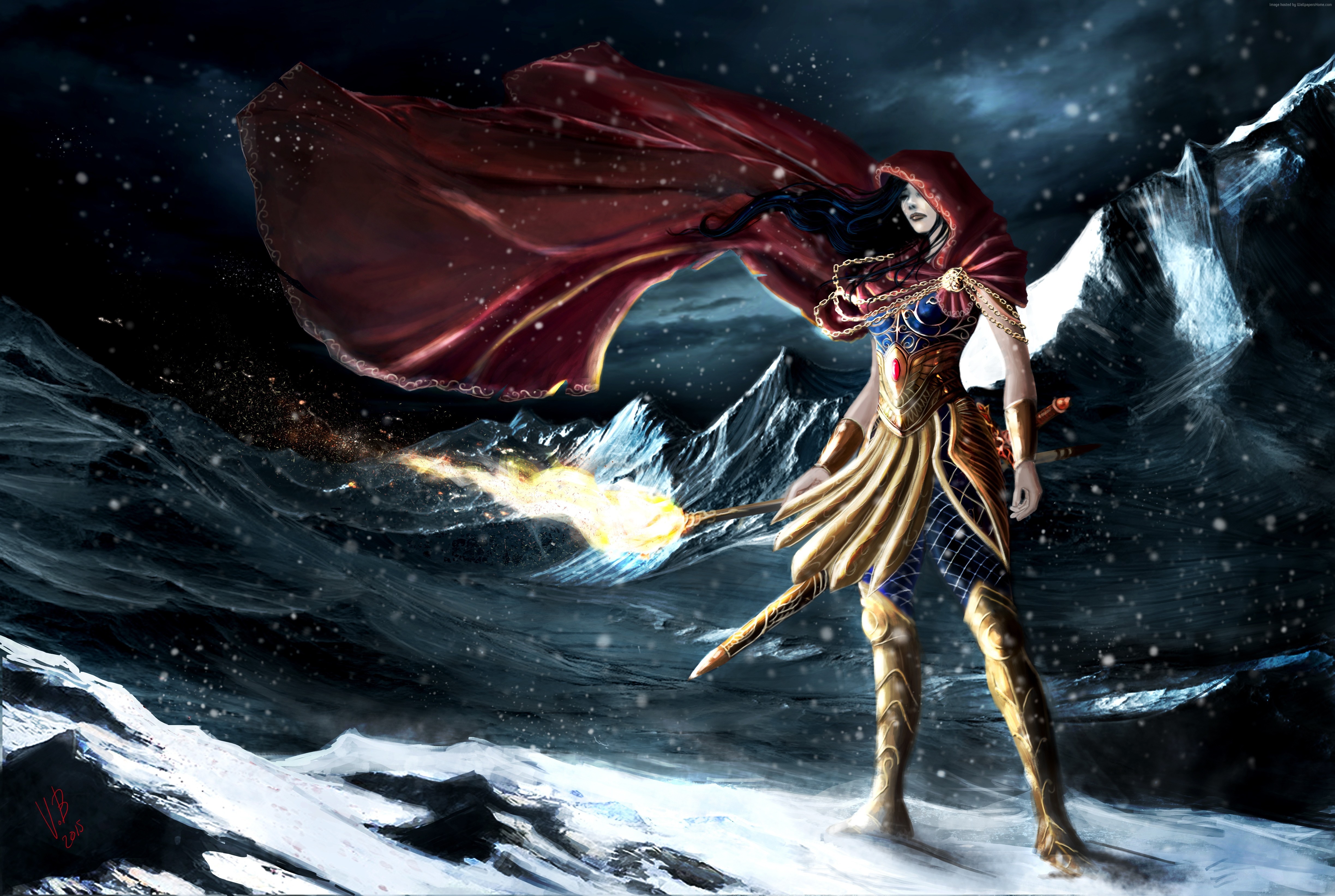 Woman warrior with red cape in snowy mountains HD Wallpaper