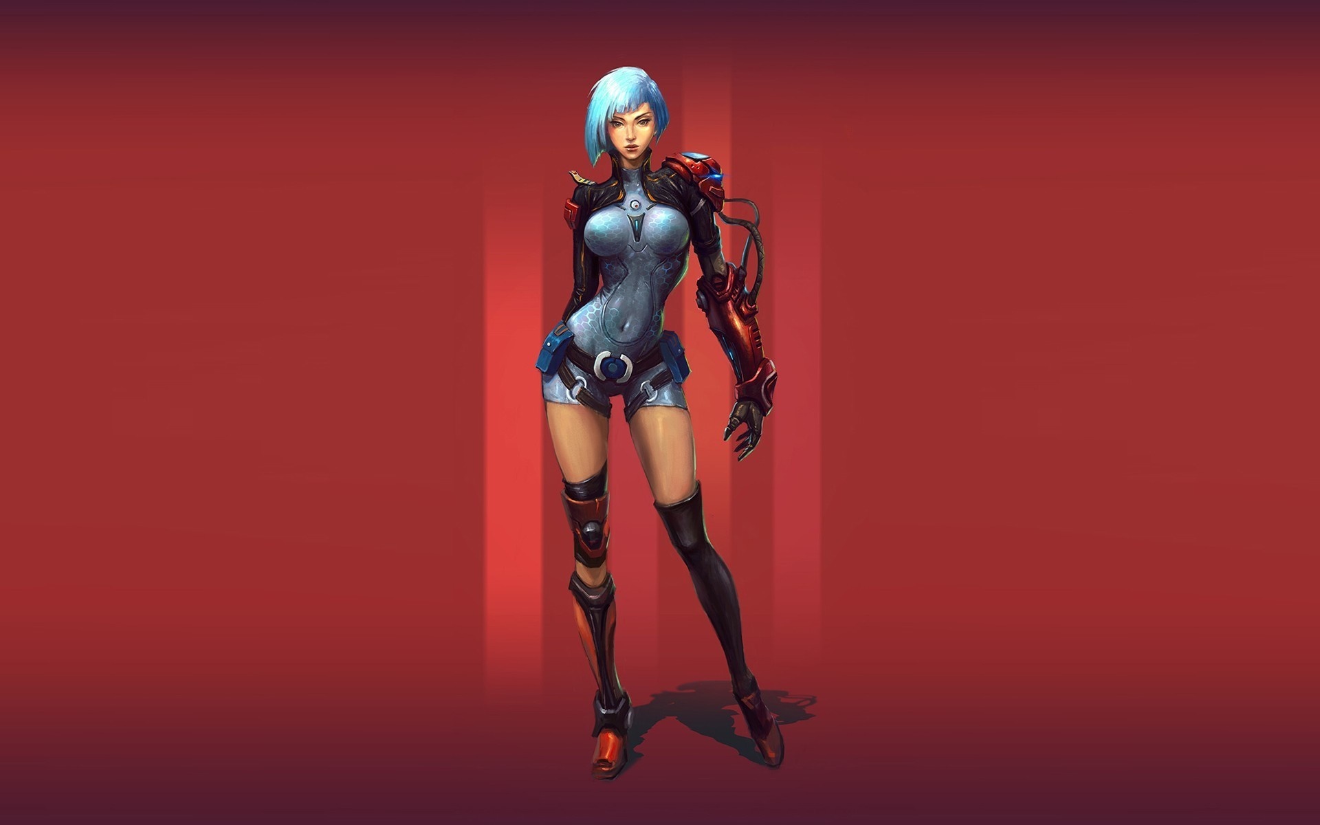 Woman with blue hair and cybernetic arm HD Wallpaper