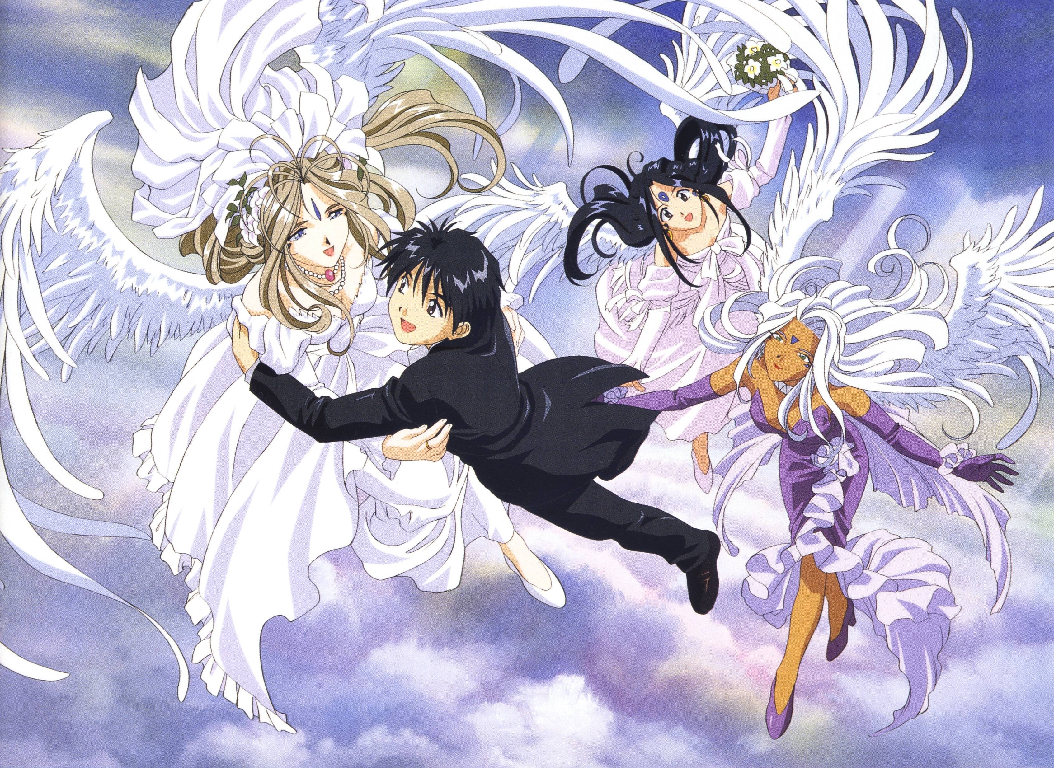 Ah My Goddess: Keiichi Morisato with Belldandy, Urd, and Skuld HD Wallpaper