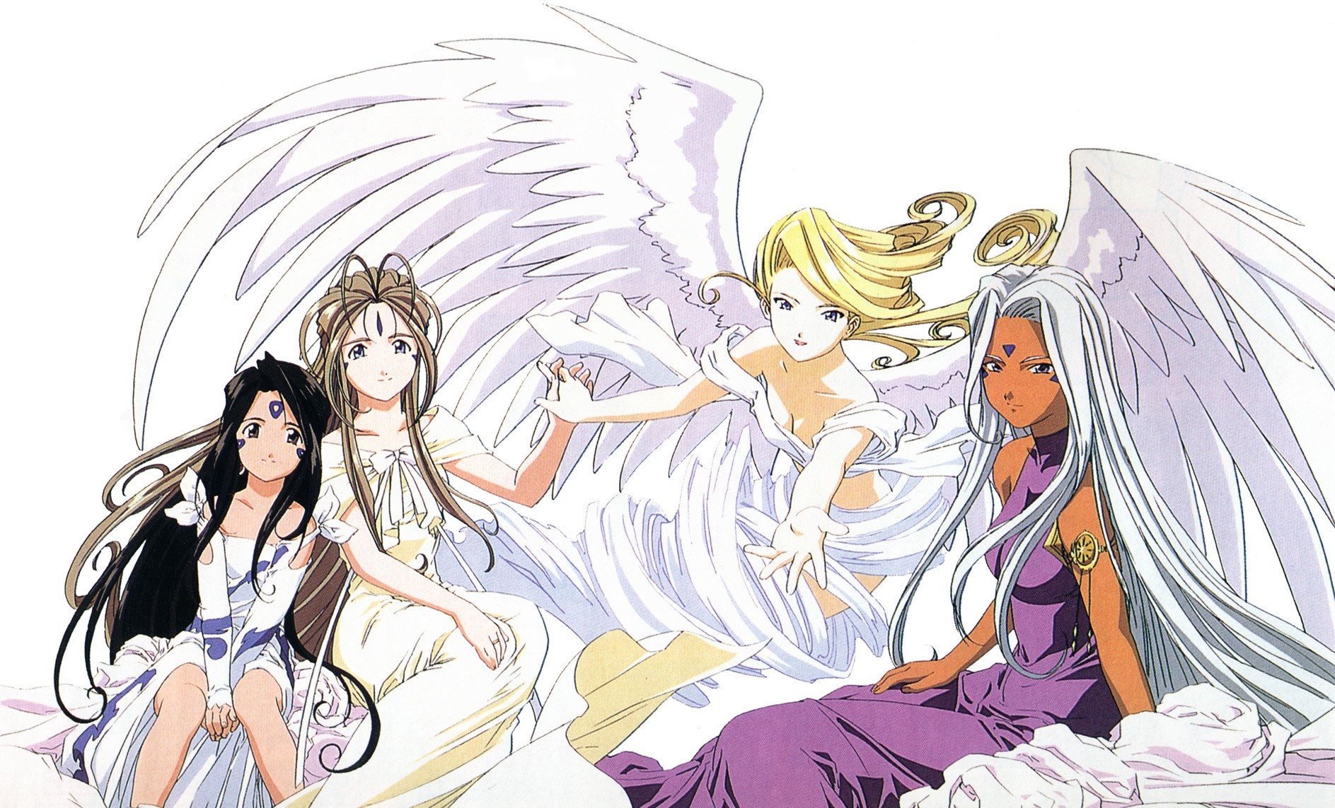 Four anime girls with wings, Ah My Goddess characters HD Wallpaper