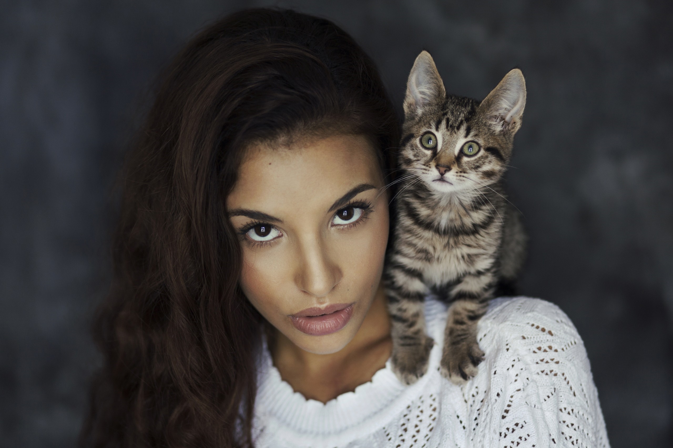 Woman with a kitten on her shoulder HD Wallpaper